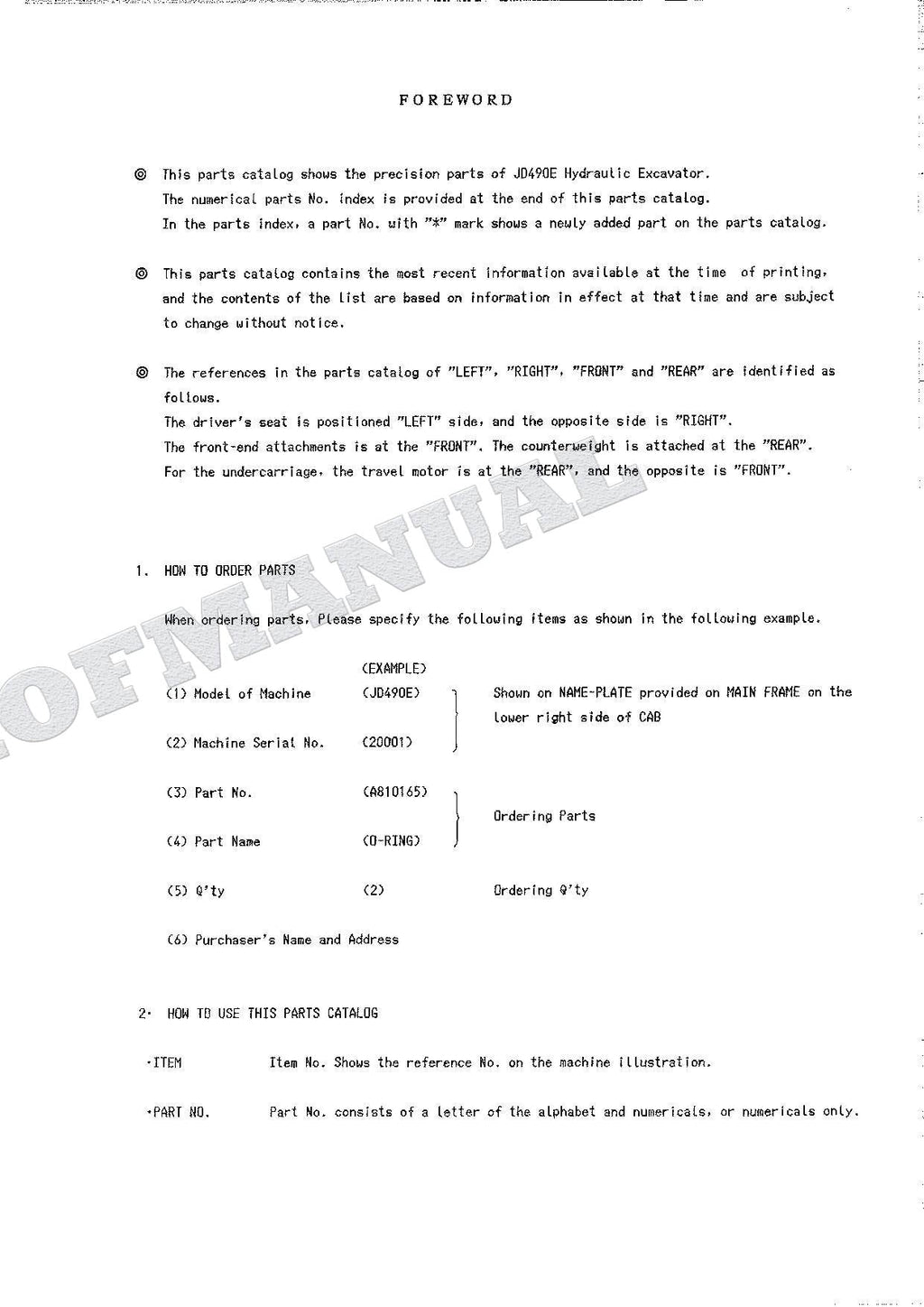 HITACHI JD490E Equipment Component Excavator Parts Catalog Manual