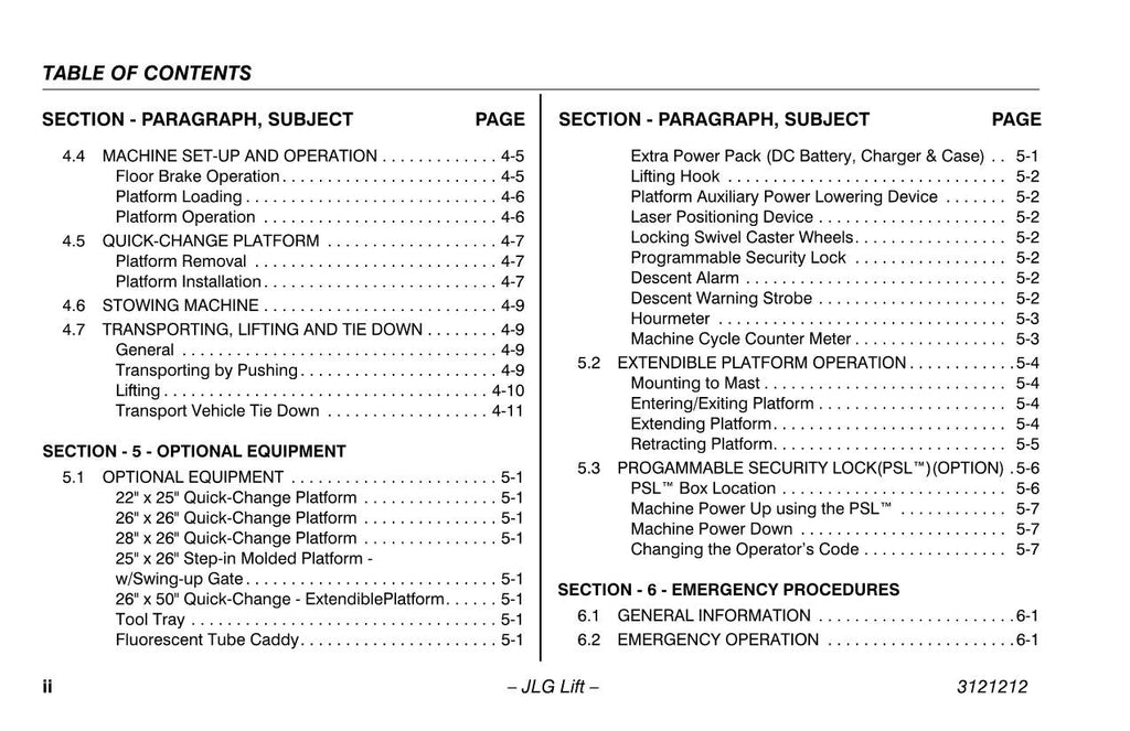 Manual del operador de mantenimiento y operación del mástil vertical JLG 15AMI