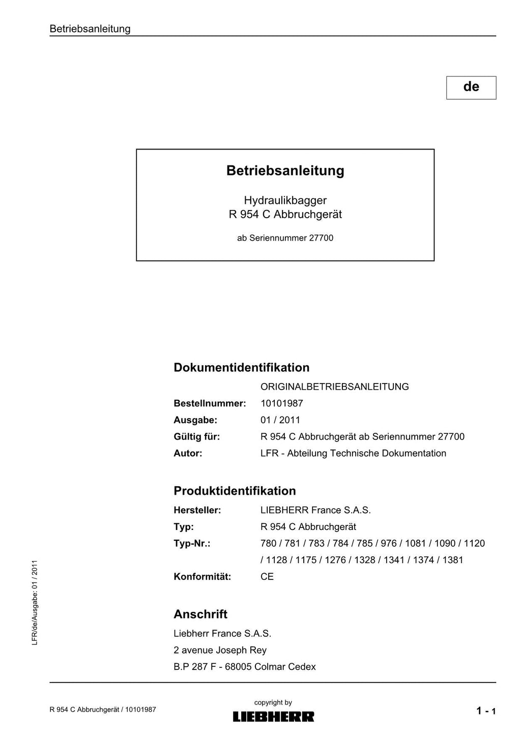 Liebherr R954 C miTverlängerten Abbruchausrüstung bagger Betriebsanleitung