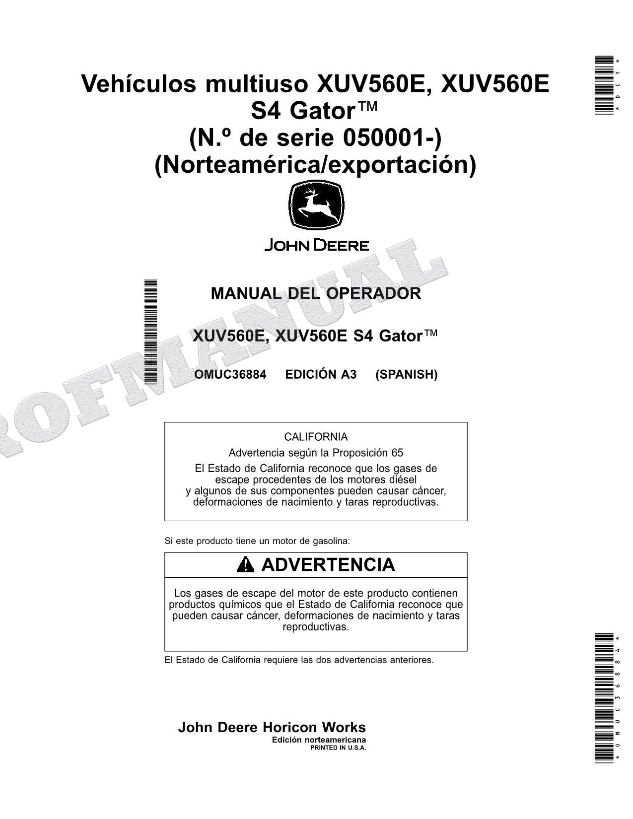 John Deere XUV 560E S4 XUV 560E cocodrilo Manual del Operador Español SN 050001-