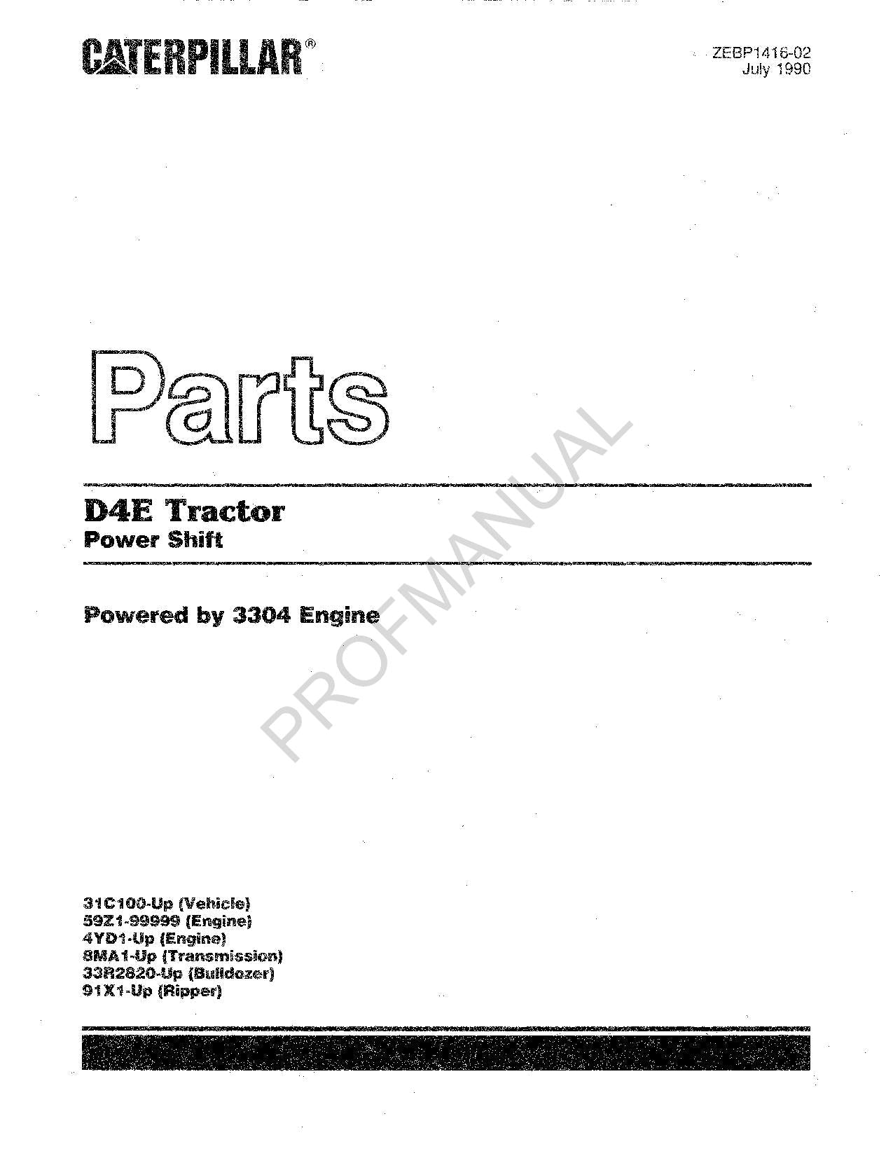 Caterpillar Cat D4E Tractor Power Shift Parts Catalog Manual ZEBP1416