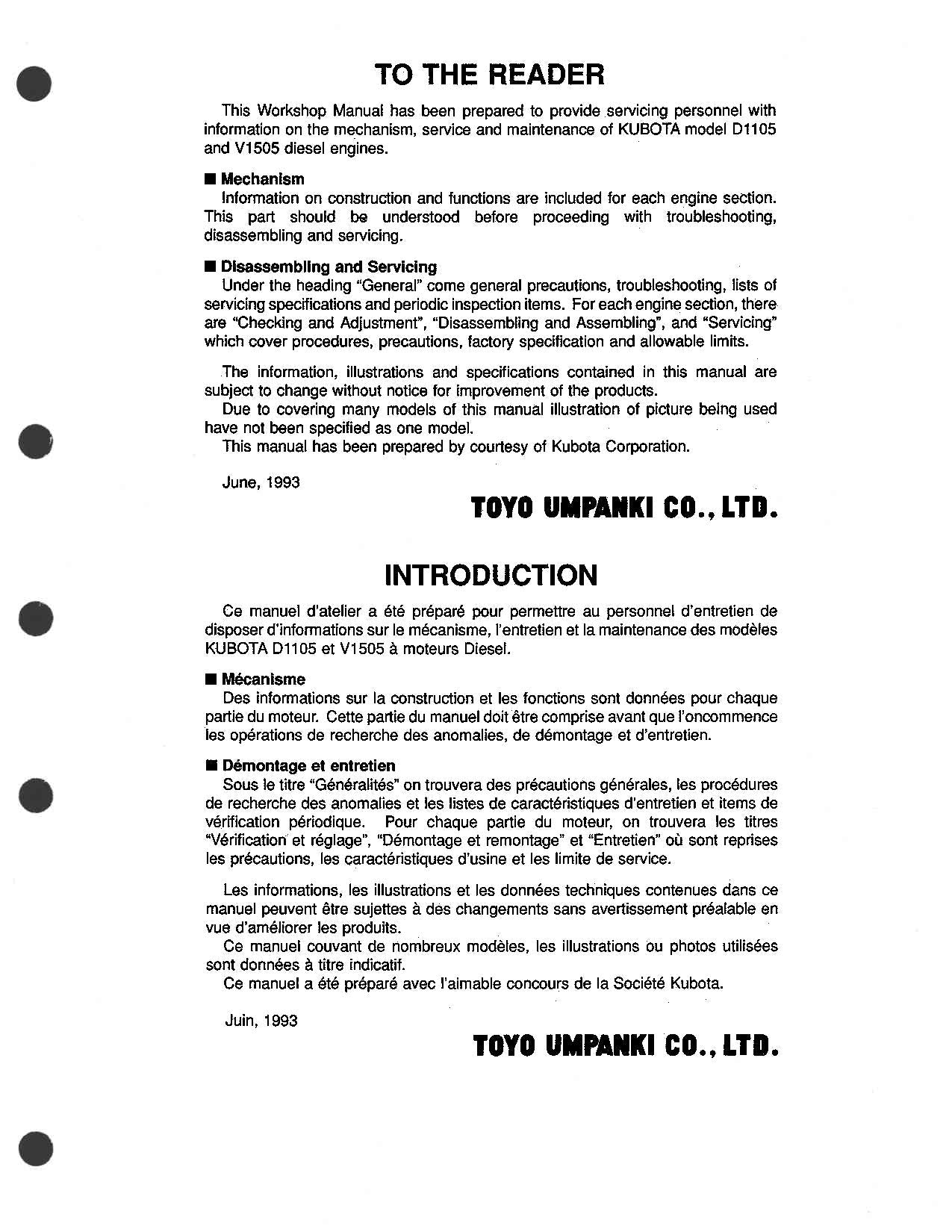 Hitachi ENGINE KUBOTA D1105 V1505 Operators Manual ENG DE FR