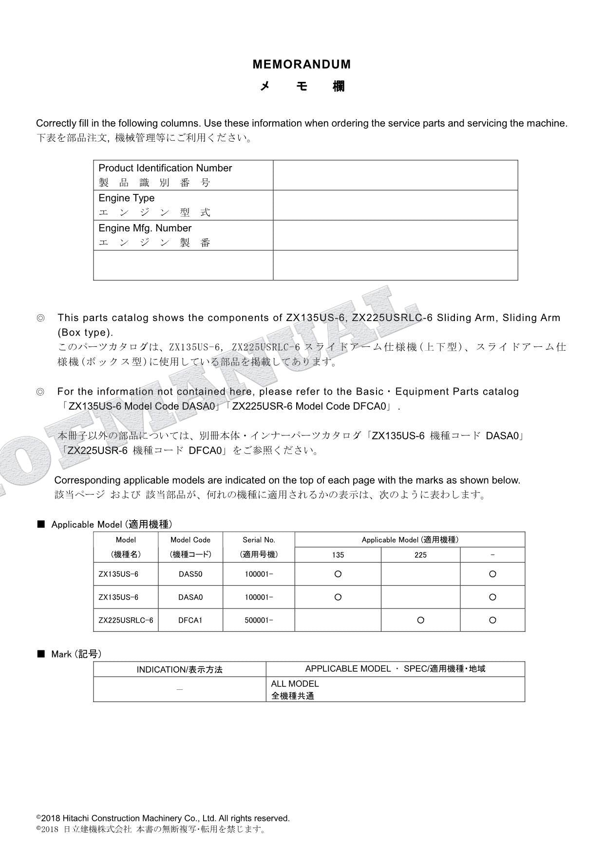 Manual del catálogo de piezas de la excavadora de brazo deslizante HITACHI ZX135US-6 ZX225USRLC-6