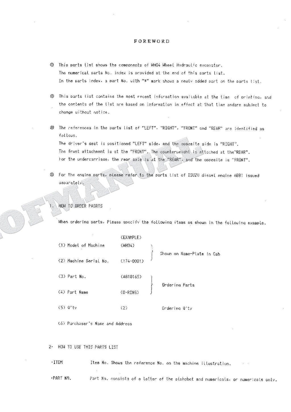 HITACHI WH04 Excavator Parts Catalog Manual SN 174-0001-
