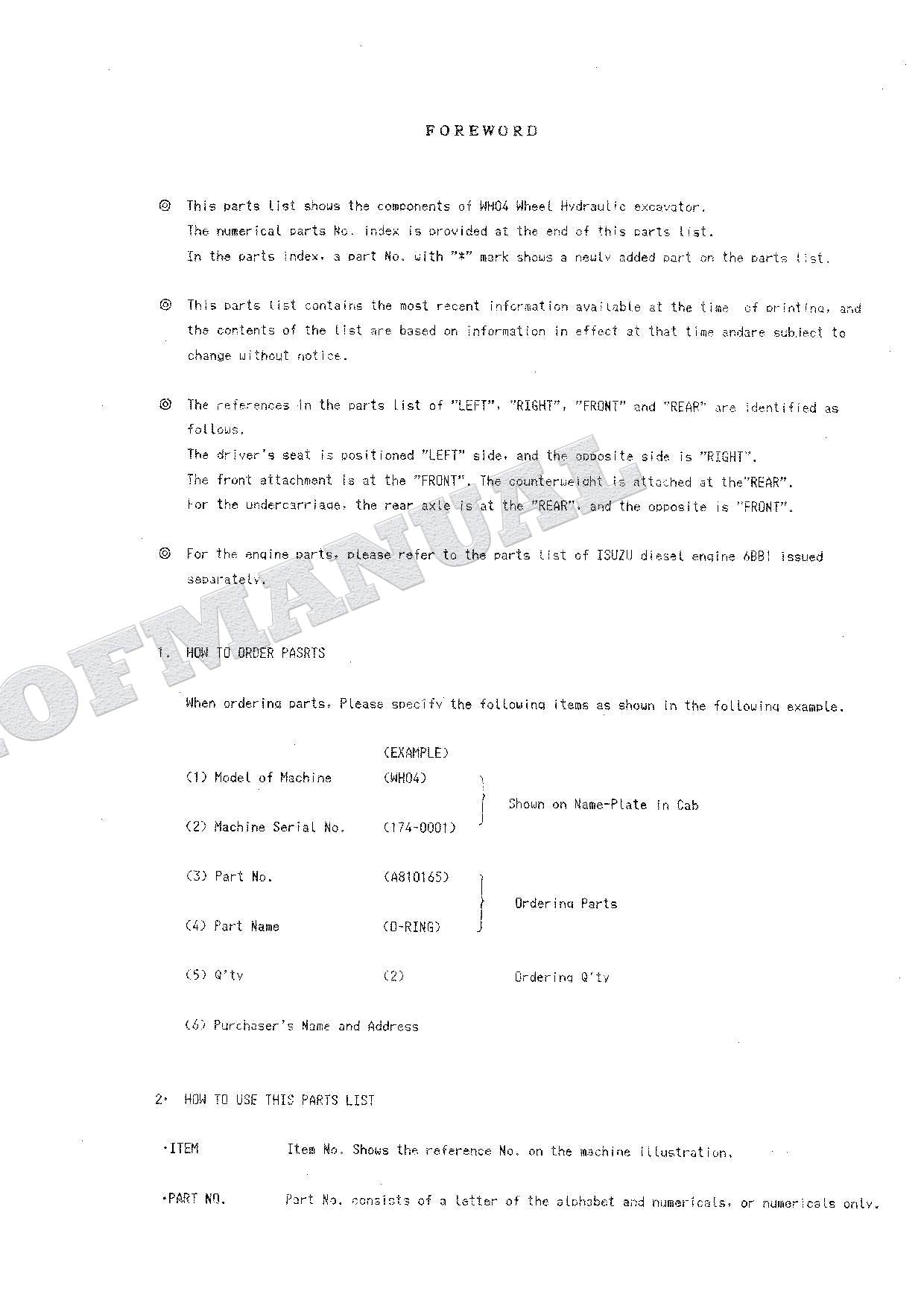 HITACHI WH04 Excavator Parts Catalog Manual SN 174-0001-