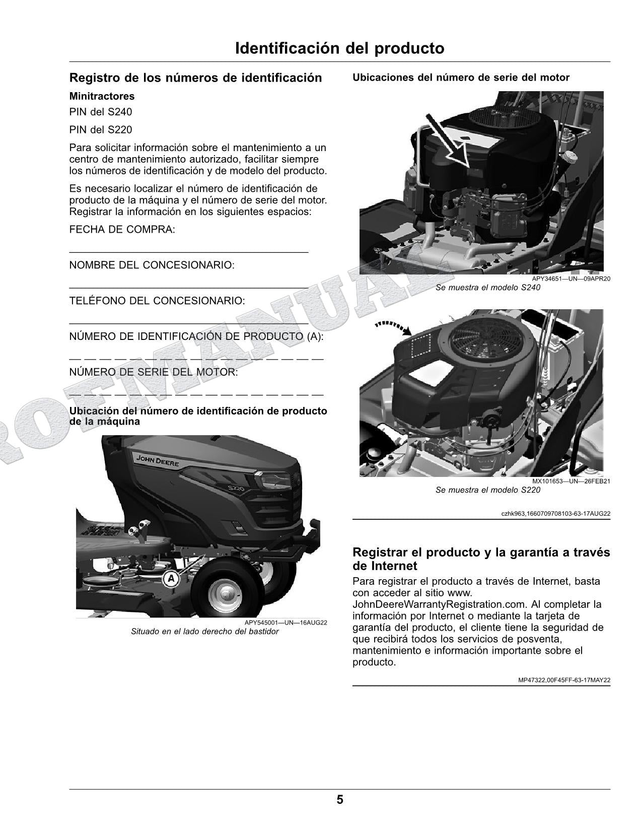 John Deere S220 S240 Tractor Manual del Operador SN S220 010001- 240 880001-