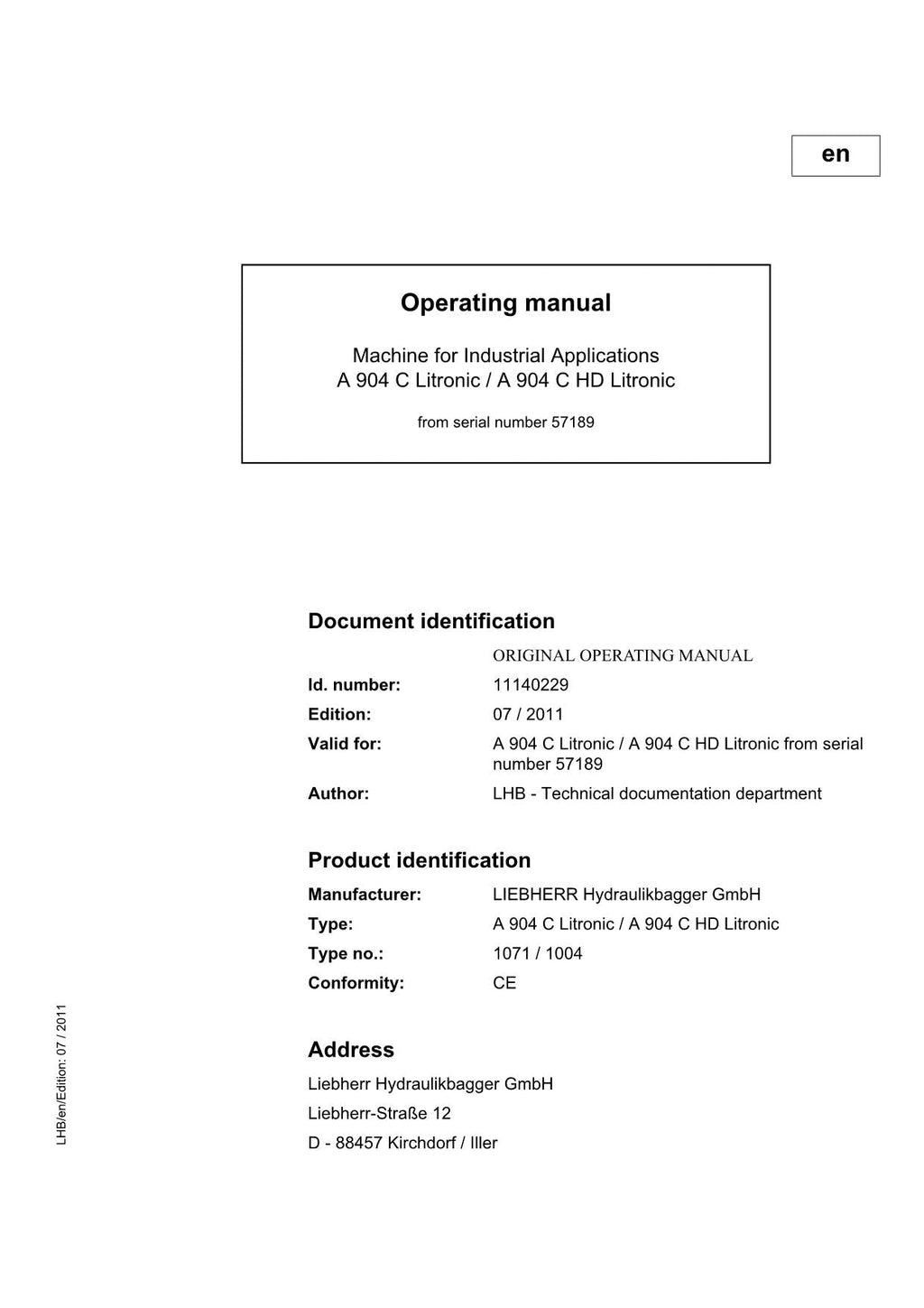 Liebherr A904 C Litronic A904 C HD Litronic Excavator Operators manual