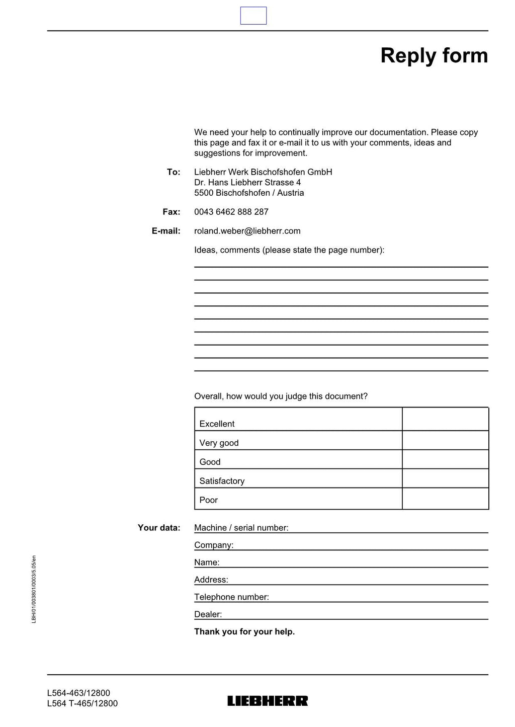Liebherr L564 L564 T Wheel Loader Operators manual serial 12800