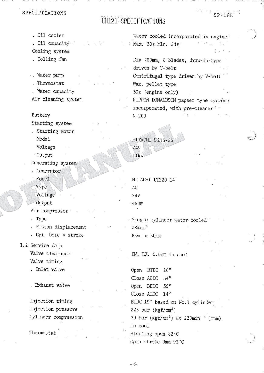 HITACHI UH121 Excavator Repair Service Manual Specification