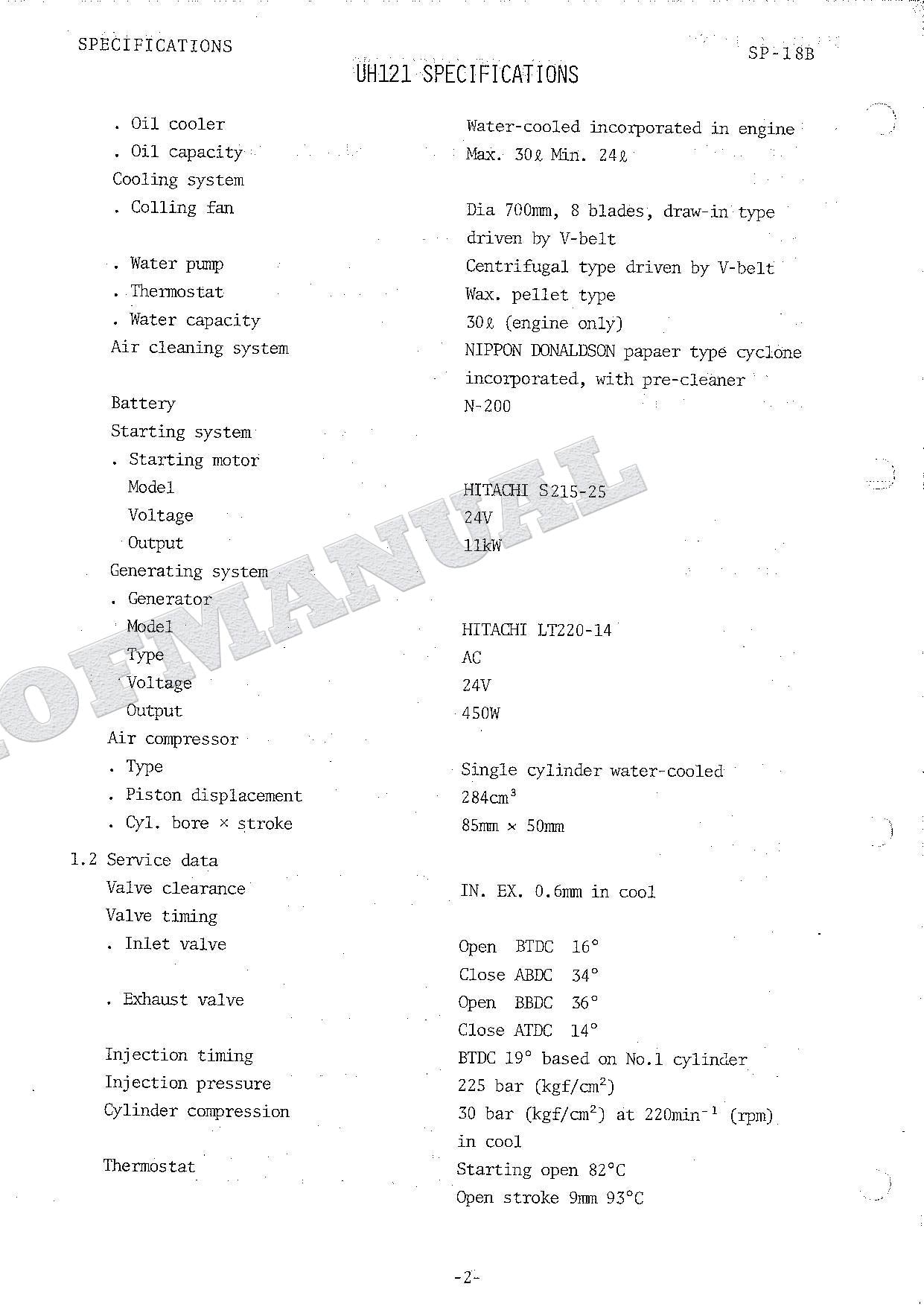 HITACHI UH121 Excavator Repair Service Manual Specification