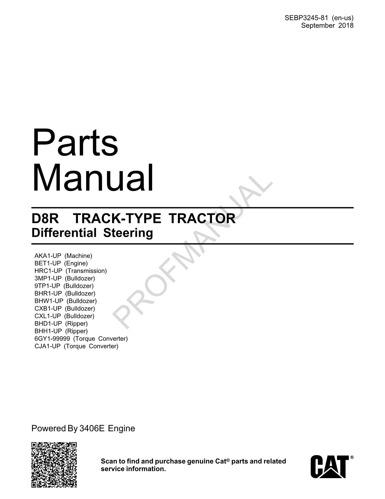 Caterpillar Cat D8R Track Type Tractor Parts Catalog Manual SEBP3245