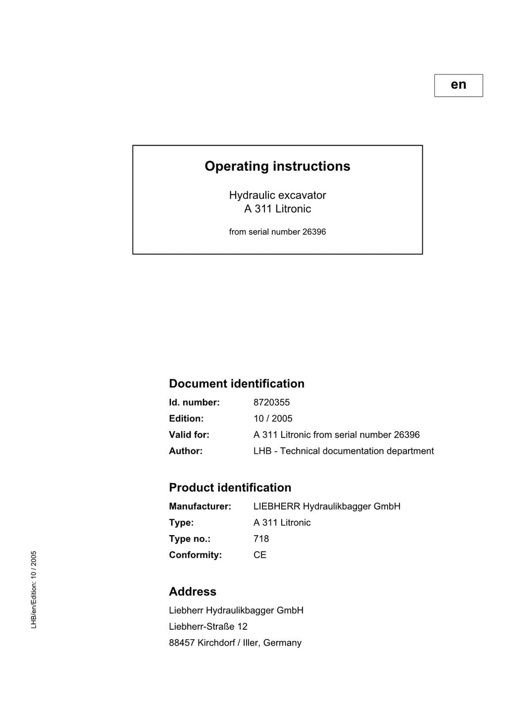 Liebherr A311 Litronic Excavator  Operators manual