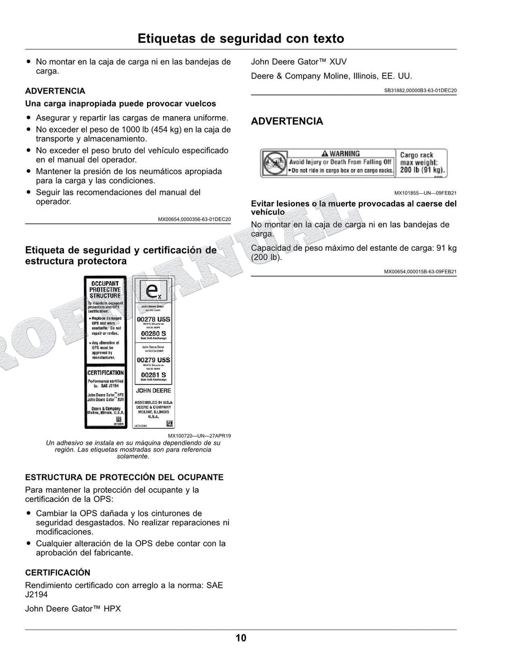 John Deere XUV825M S4 cocodrilo Manual del Operador Español SN 050001-
