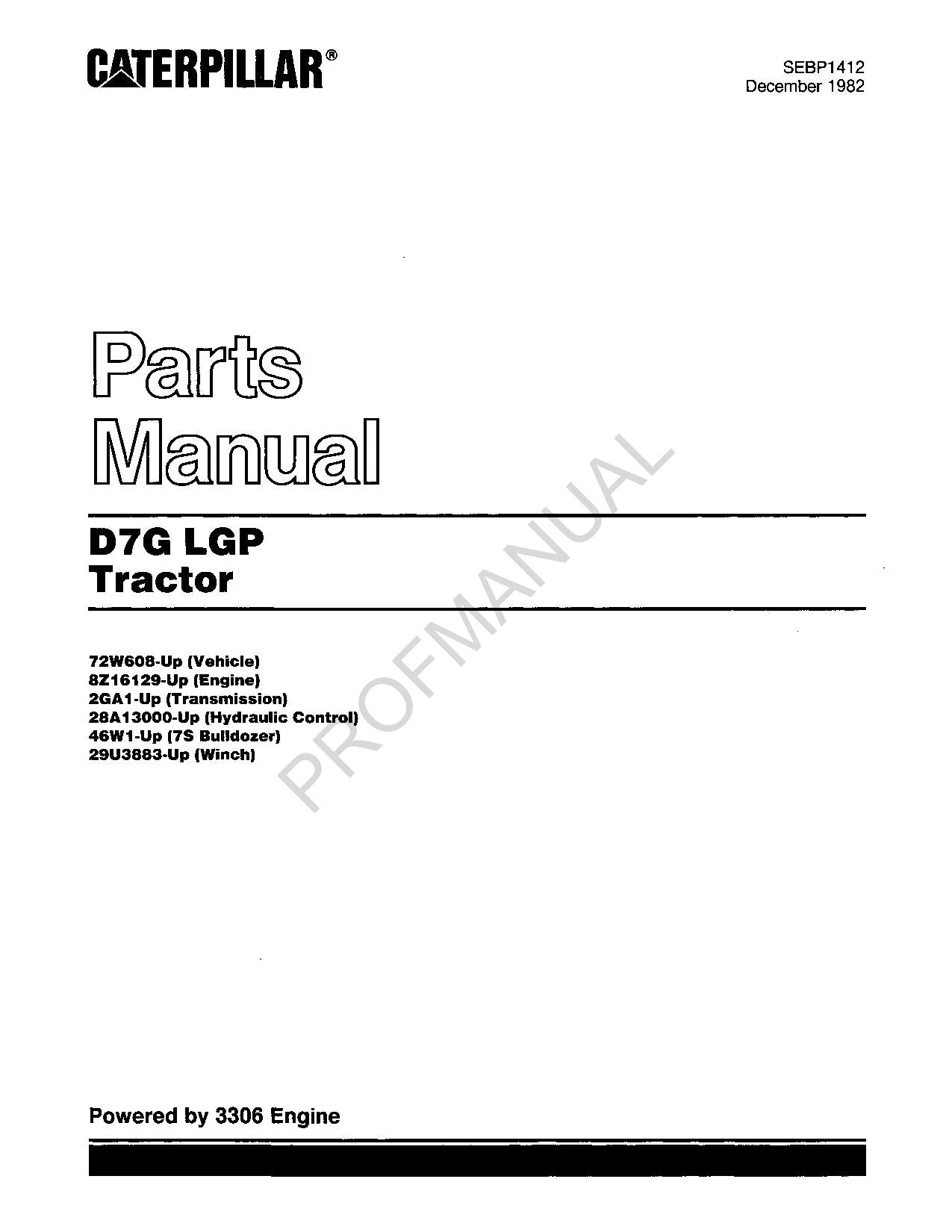 Caterpillar Cat D7G LGP Tractor Parts Catalog Manual SEBP1412