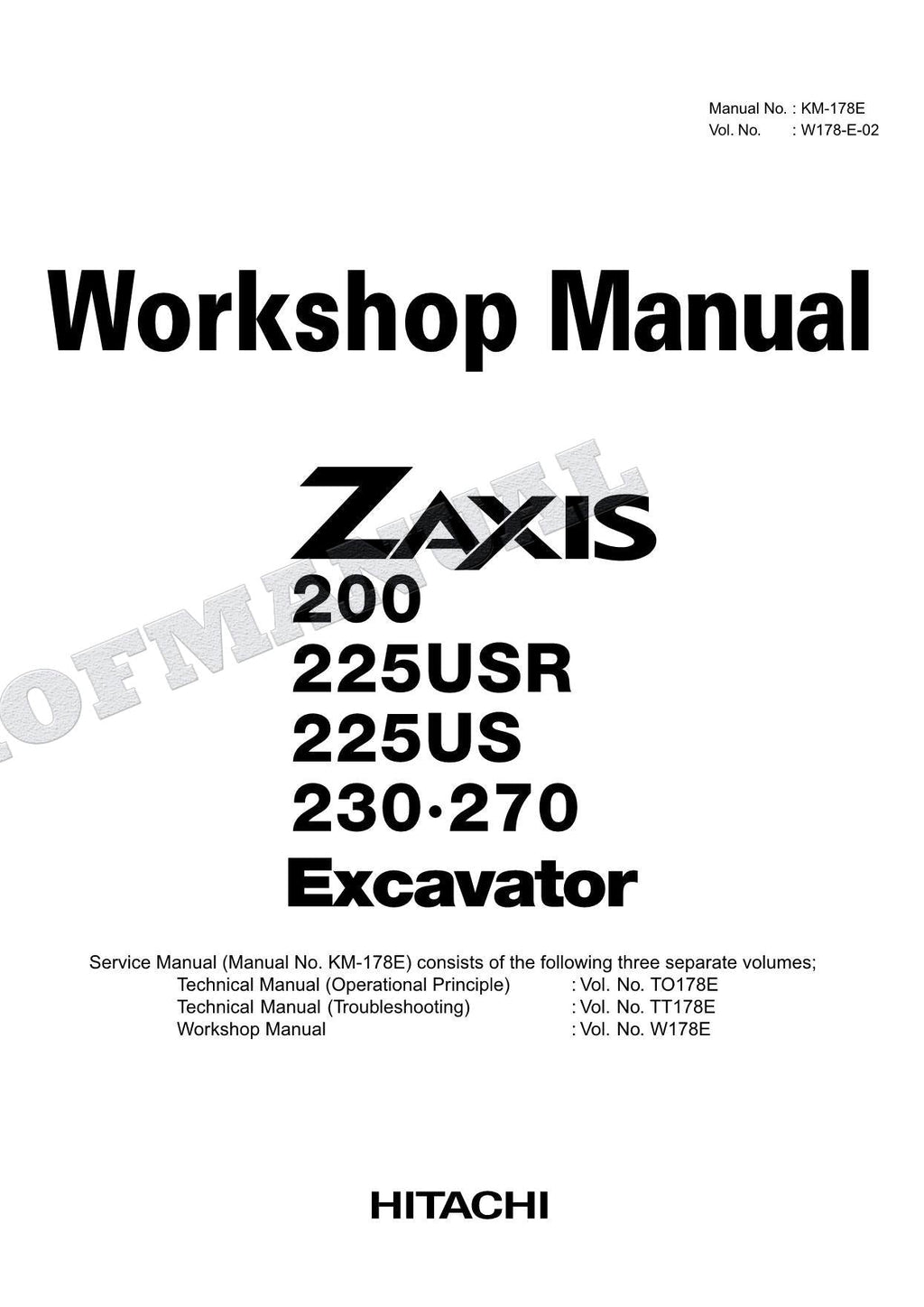 HITACHI ZX225US ZX230 ZX270 Excavator Repair Workshop Service manual
