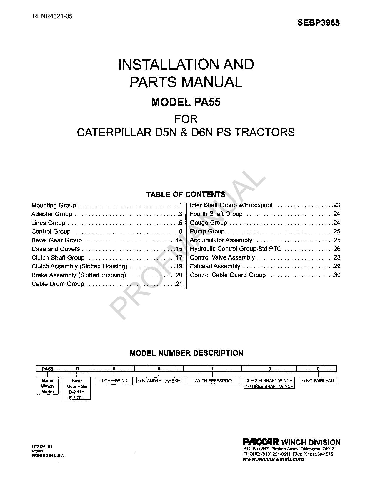 Caterpillar Cat PA55 Paccar Winch D5N D6N PS Tractor Parts Catalog Manual
