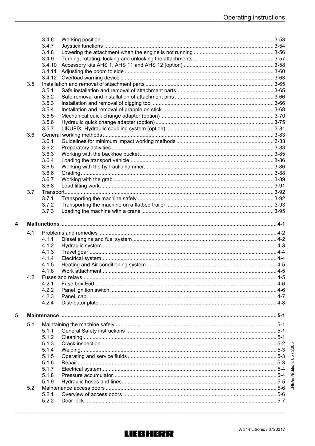 Liebherr A314 Litronic Excavator  Operators manual
