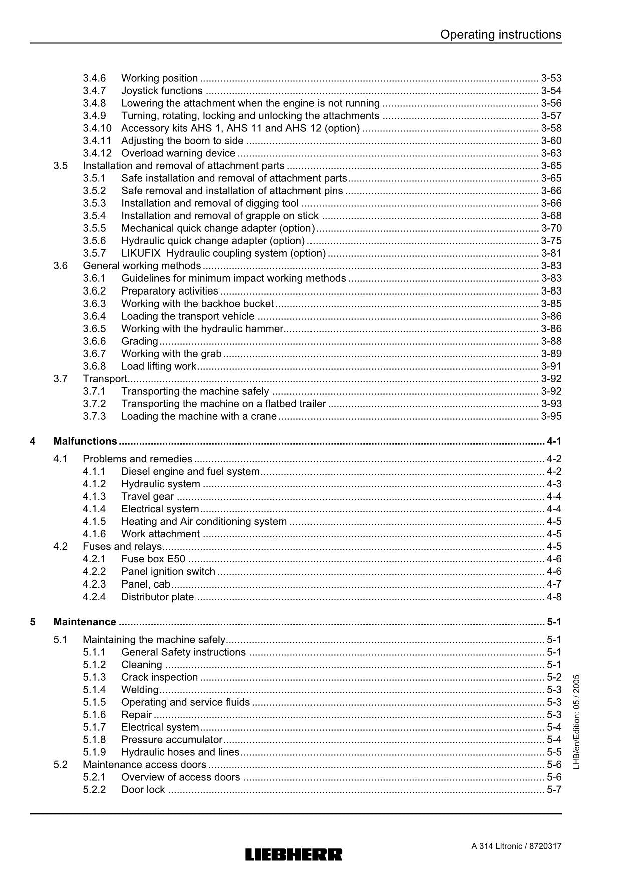 Liebherr A314 Litronic Excavator  Operators manual