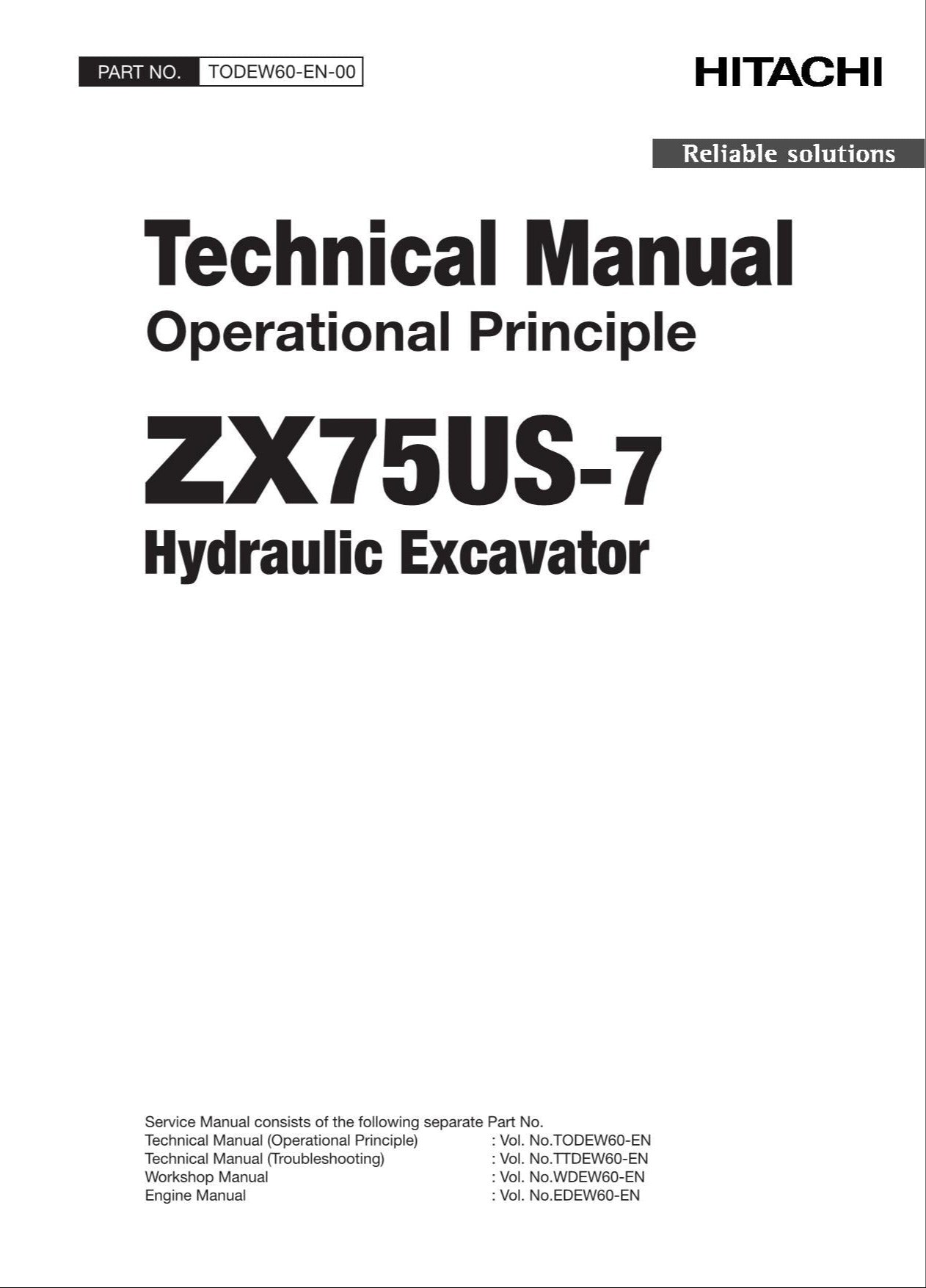 HITACHI ZX75US-7 Excavator Operational Principle Technical Manual TODEW60-EN-00