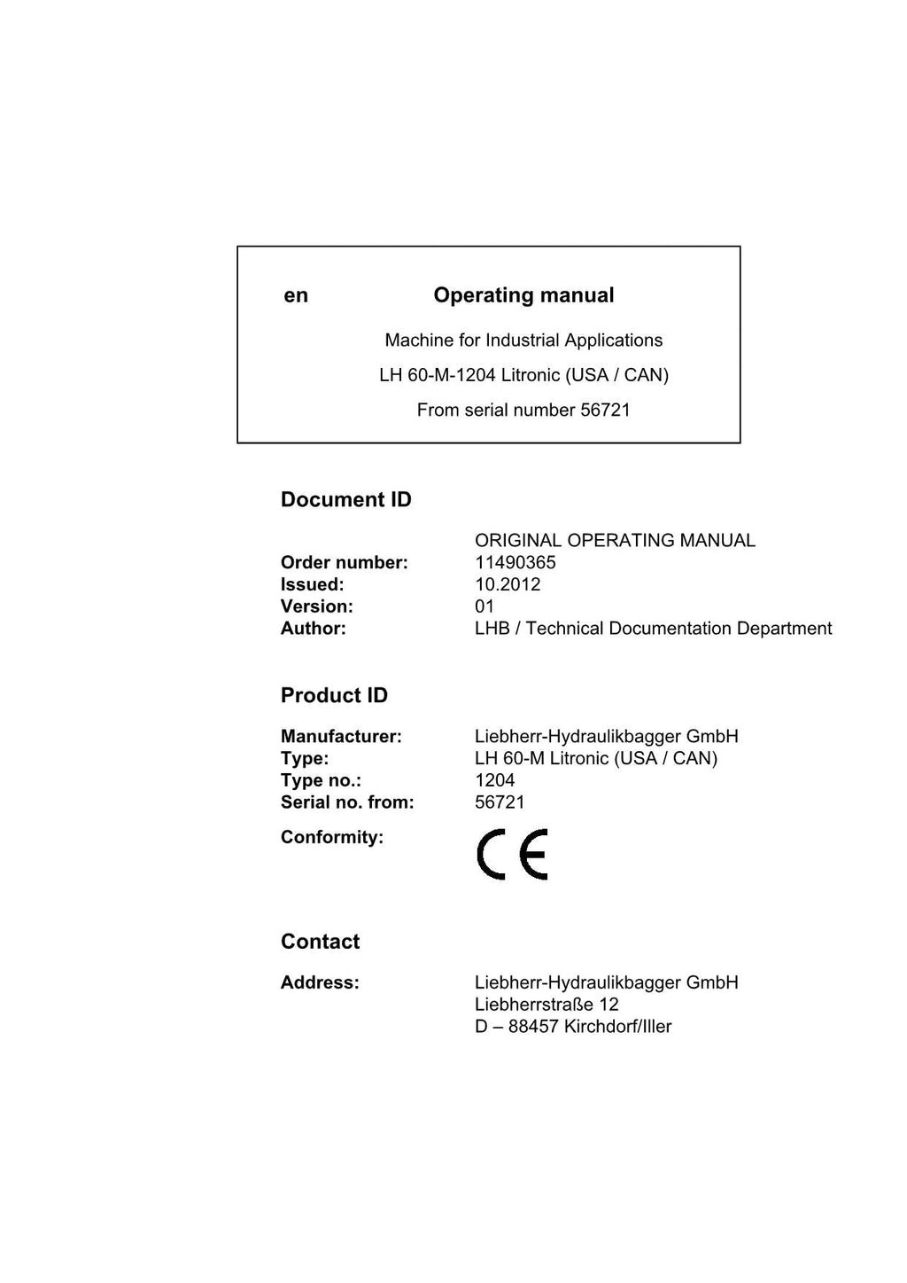 Liebherr LH60-M Litronic (USA CAN) Excavator Operators manual