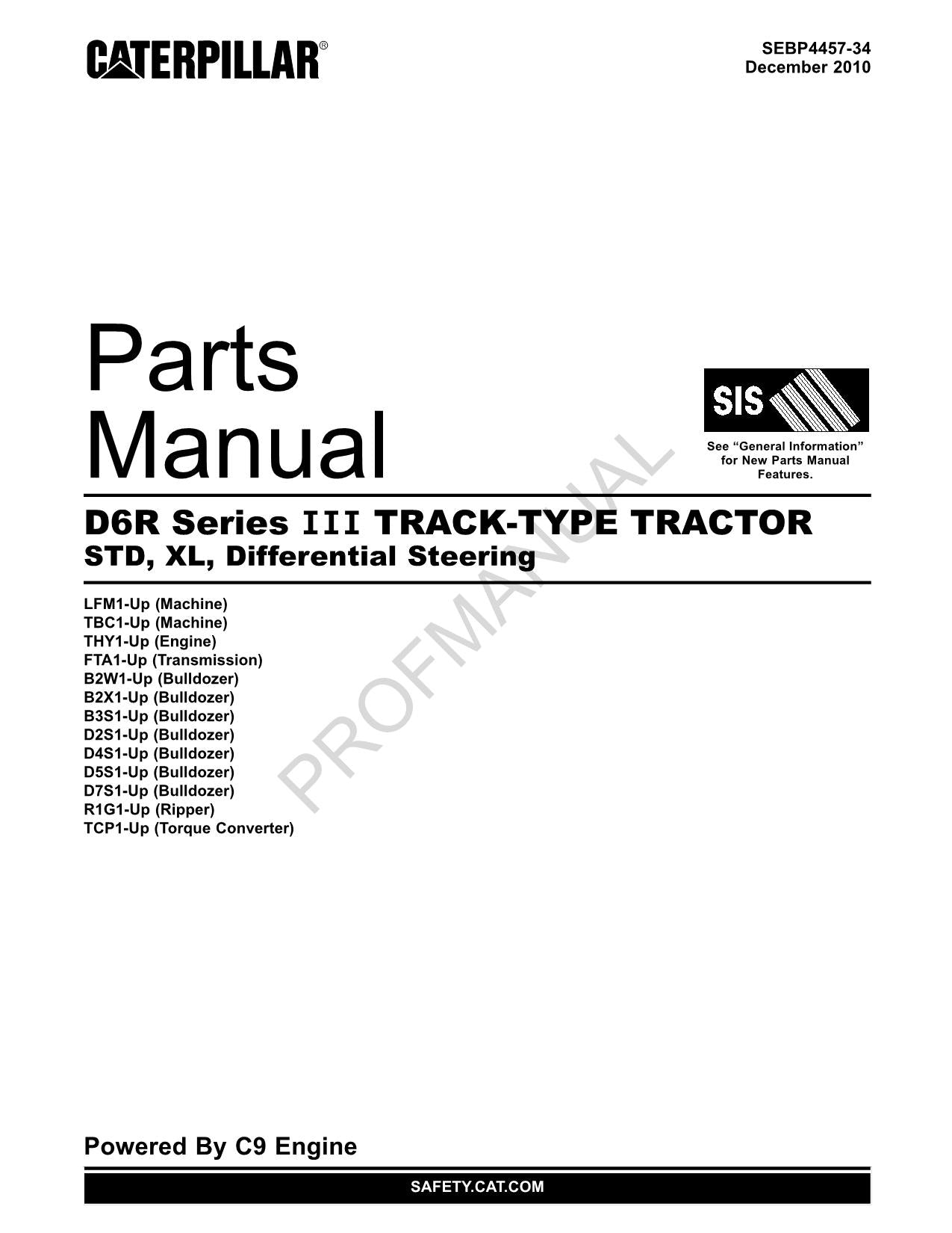 Caterpillar D6R Series 3 Track Type Tractor STD XL Parts Catalog Manual SEBP4457