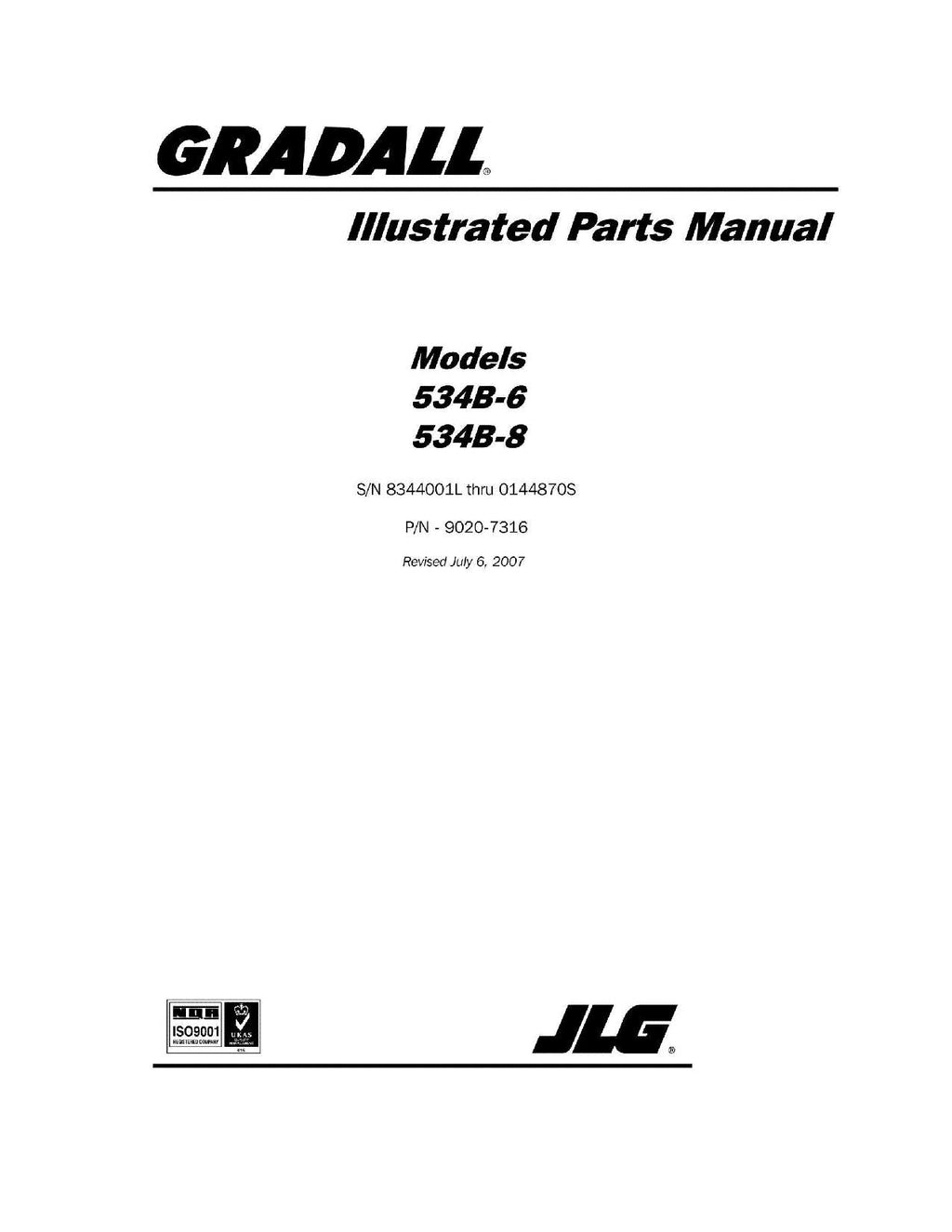 GRADALL JLG 534B-6 534B-8 Telehandler Parts Catalog Manual