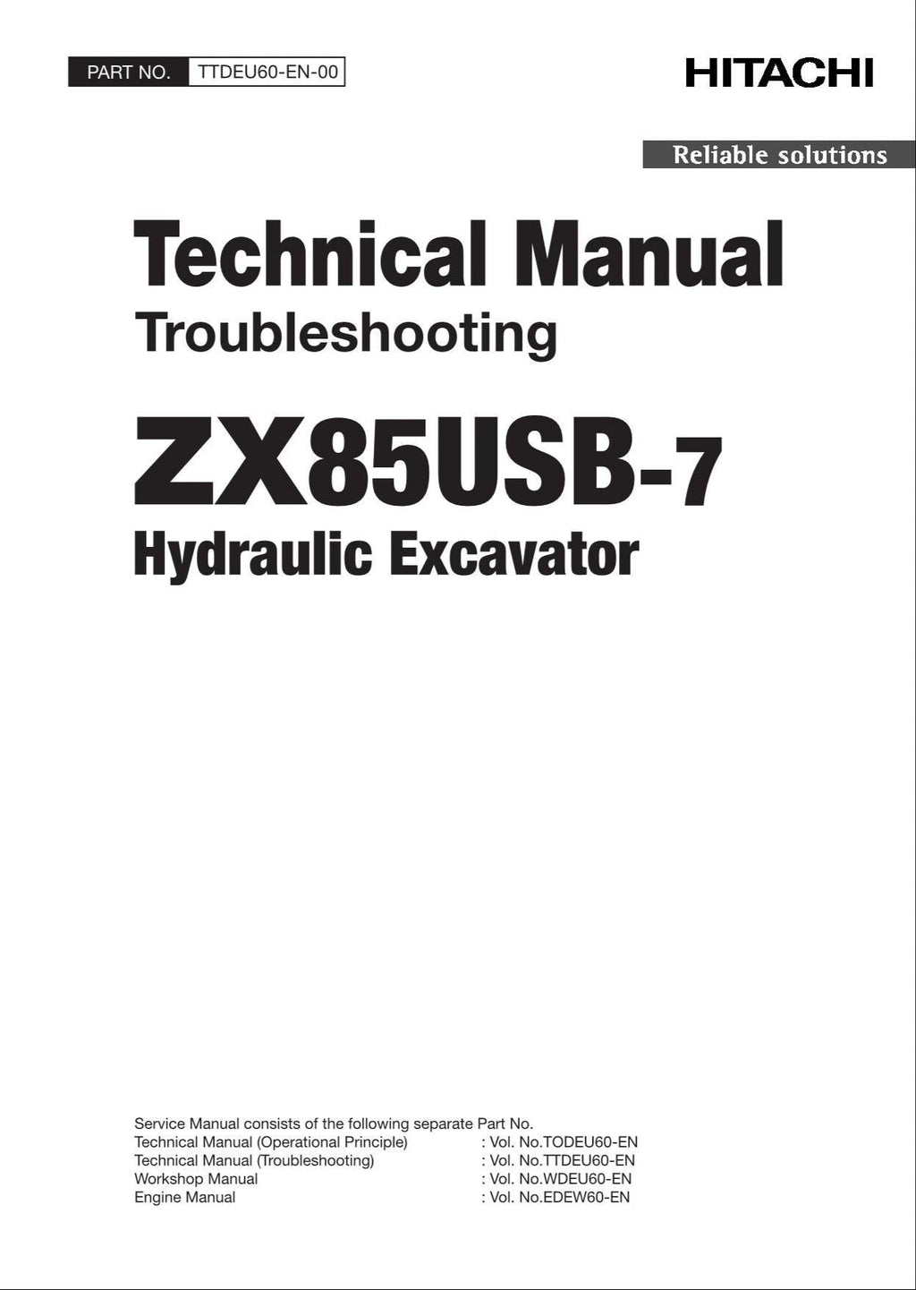 HITACHI ZAXIS ZX85USB-7 Excavator Troubleshooting Technical Manual TTDEU60-EN-00