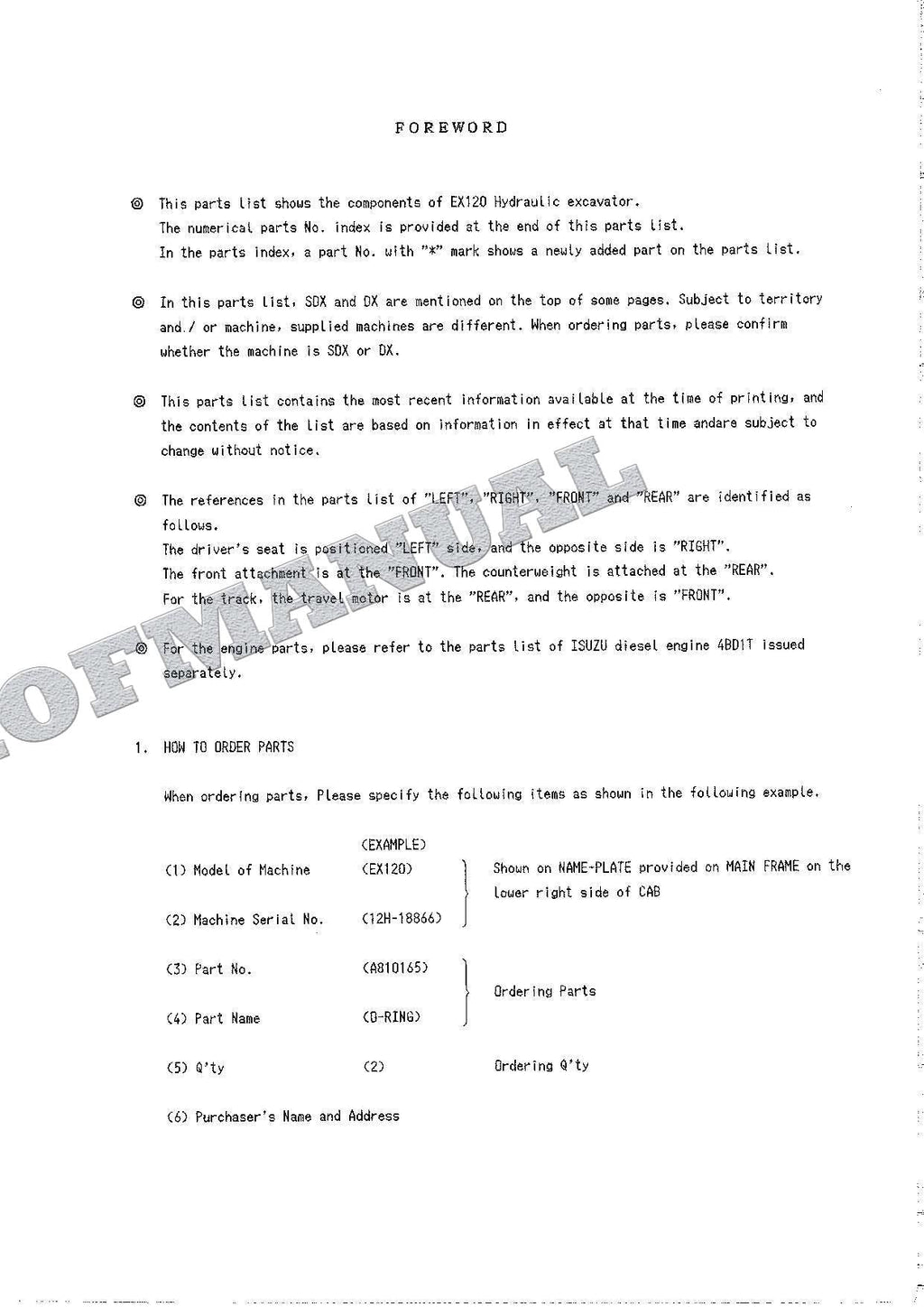 HITACHI EX120 Excavator Parts Catalog Manual SN 18866