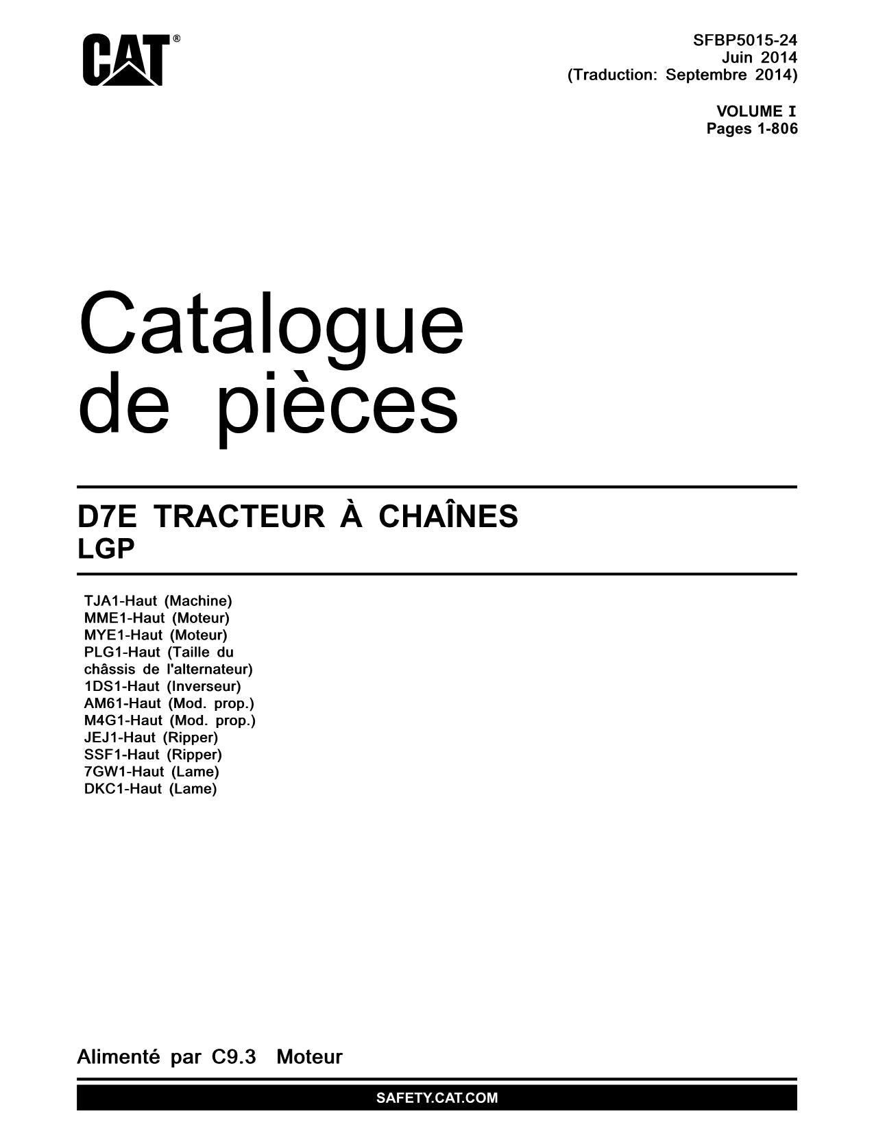 Caterpillar D7E LGP Tracteur Manuel de catalogue de pièces