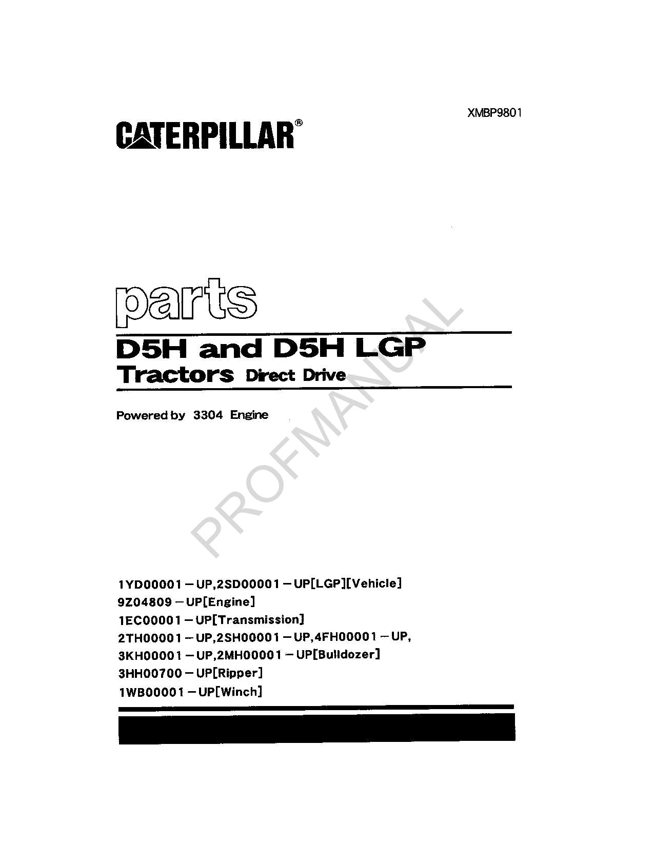 Caterpillar Cat D5H D5H LGP Tractor Direct Drive Parts Catalog Manual XMBP9801