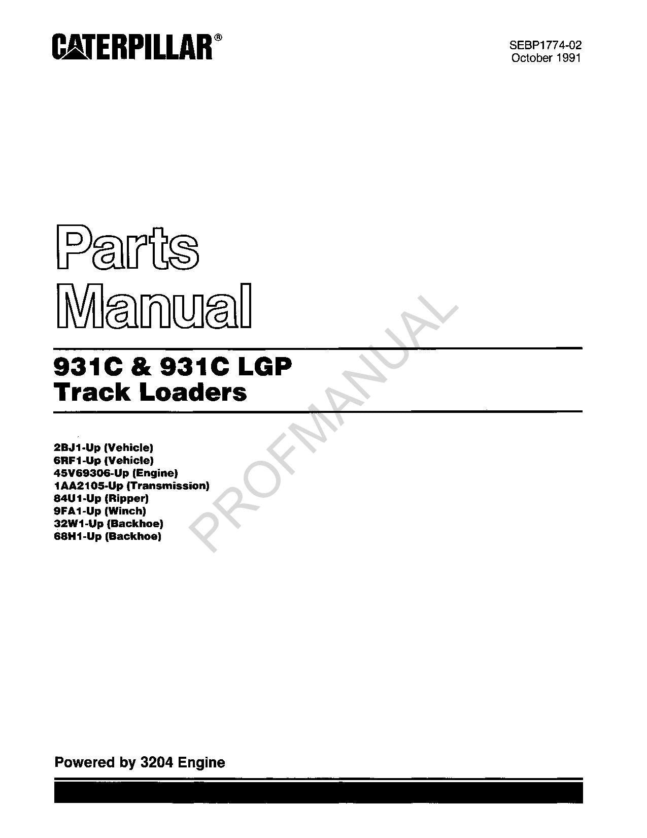 Caterpillar Cat 931C 931C LGP Track Loaders Parts Catalog Manual