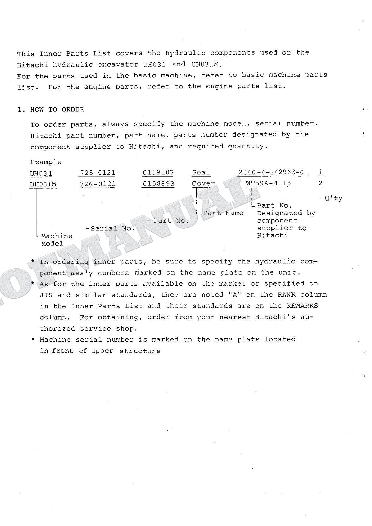 HITACHI UH025 UH025M UH031 UH031M Equip Component Excavator Parts Catalog Manual