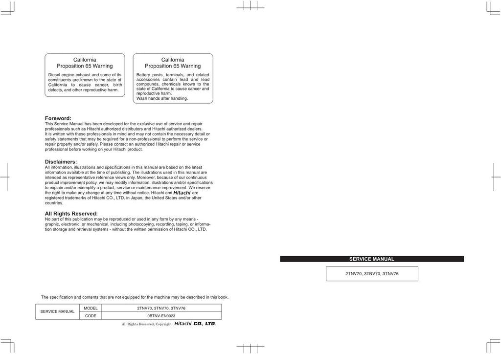 Hitachi YANMAR 2TNV70 3TNM74 3TNV70 3TNV74 3TNV76 3TNV8 Engine Service manual