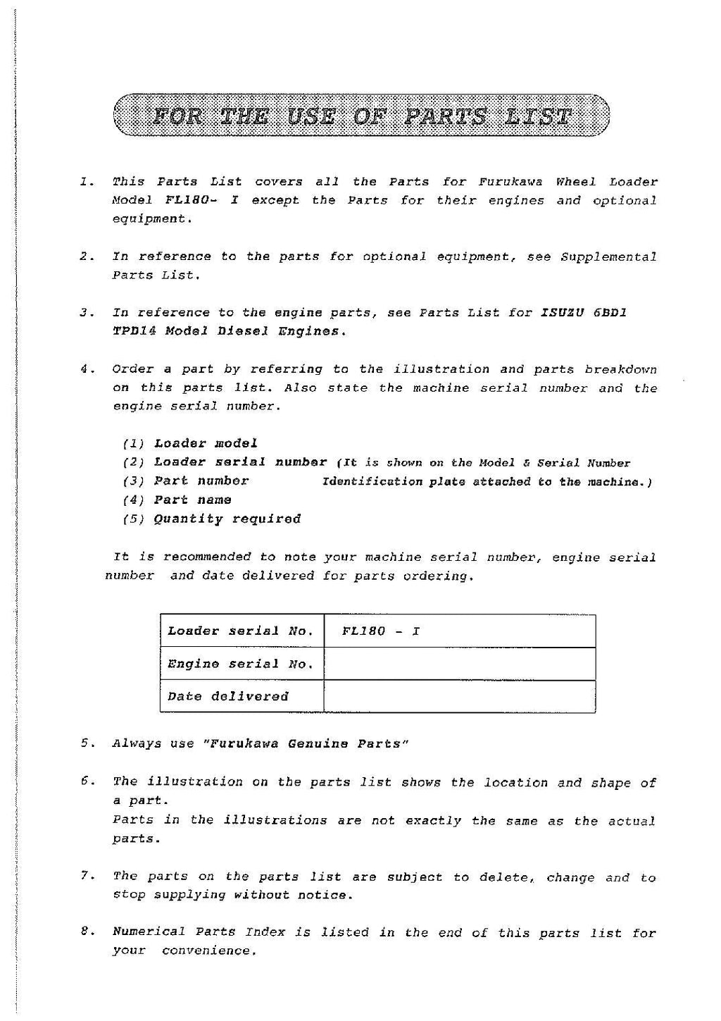 Hitachi FL180-1 Wheel Loader Parts Catalog Manual SN all
