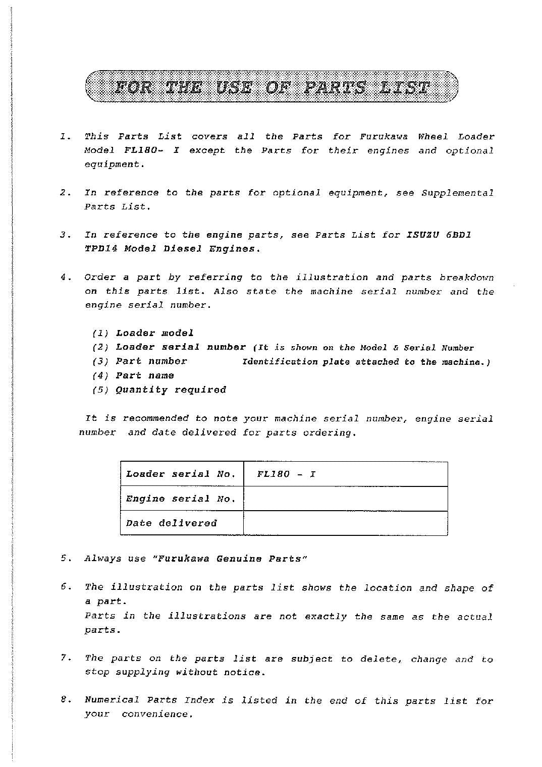 Hitachi FL180-1 Wheel Loader Parts Catalog Manual SN all