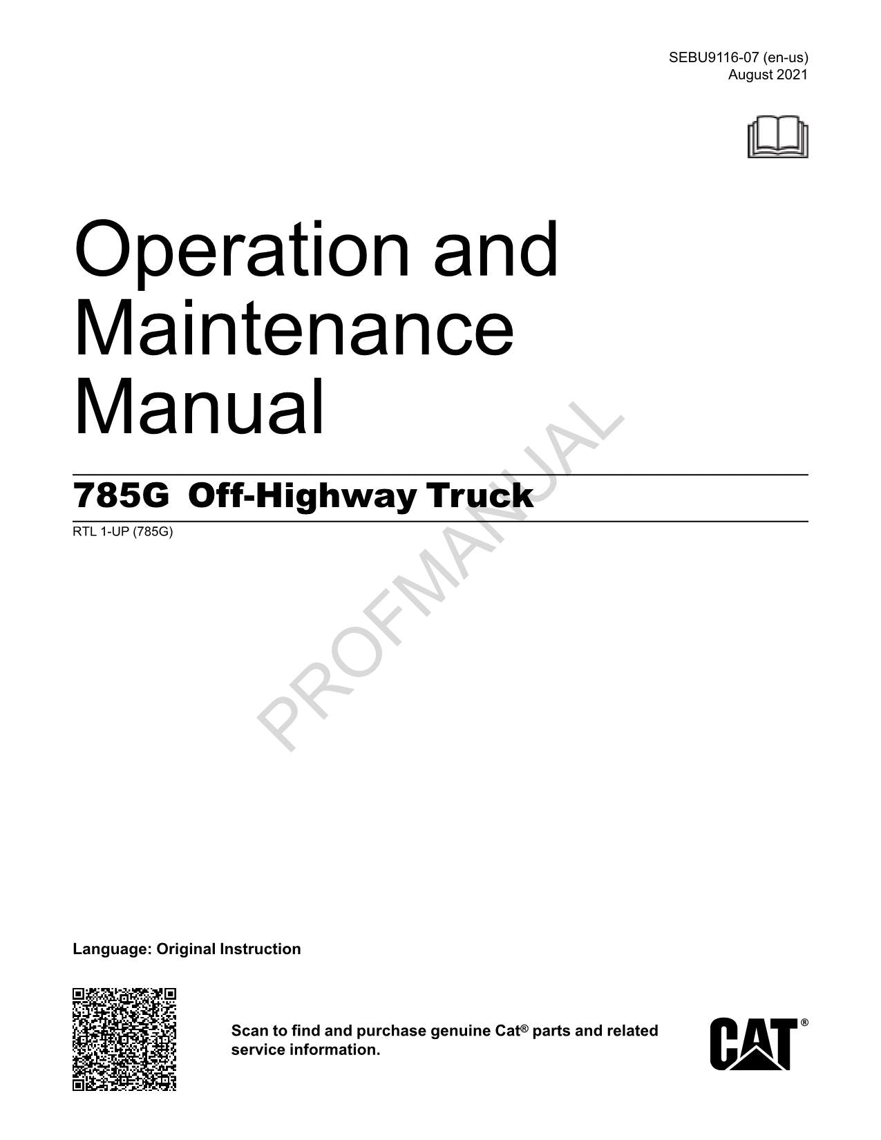 Caterpillar Cat 785G Off Highway Truck Operators Maintenance Manual