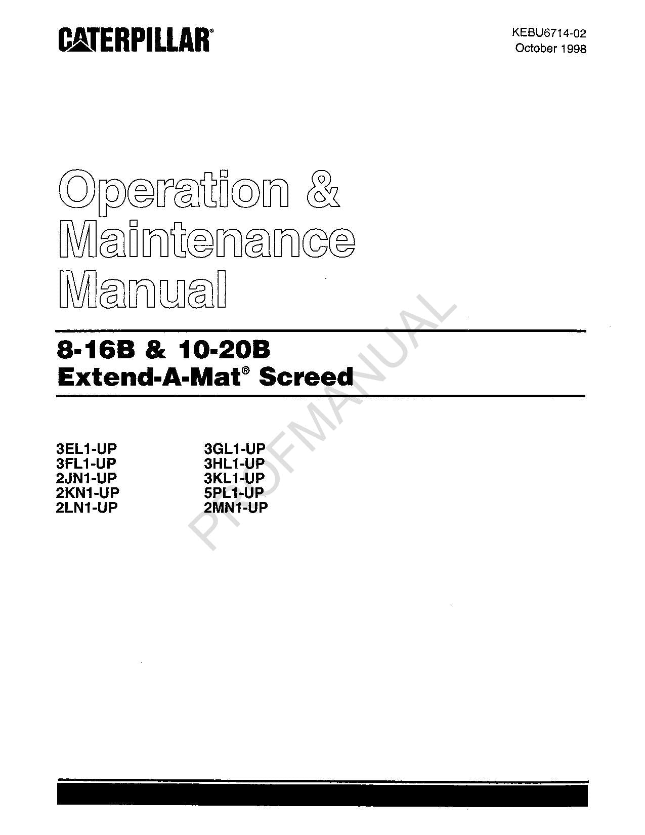 Manual de mantenimiento del operador de la regla Caterpillar 8 16B 10 20B Extend Mat Screed