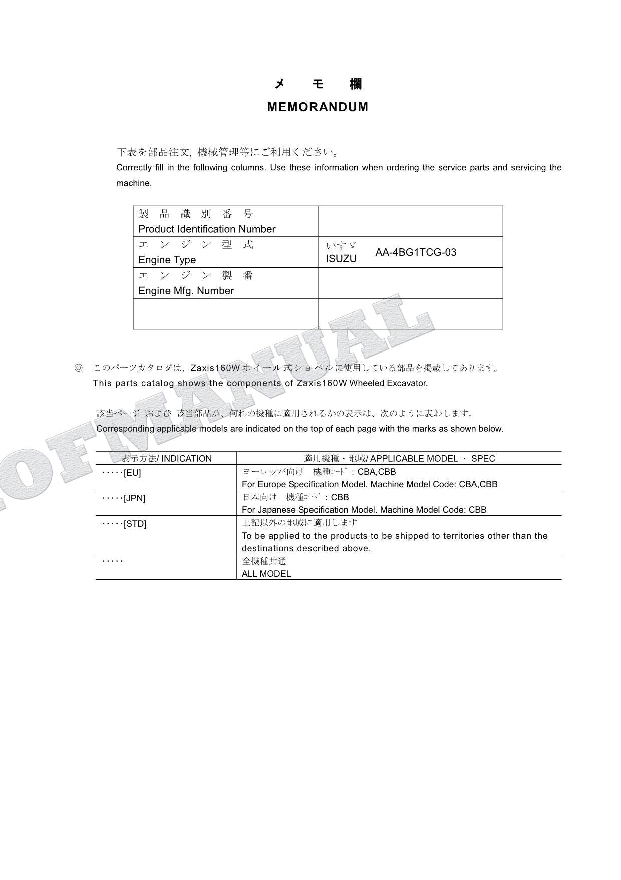 HITACHI ZAXIS ZX160W Excavator Parts Catalog Manual