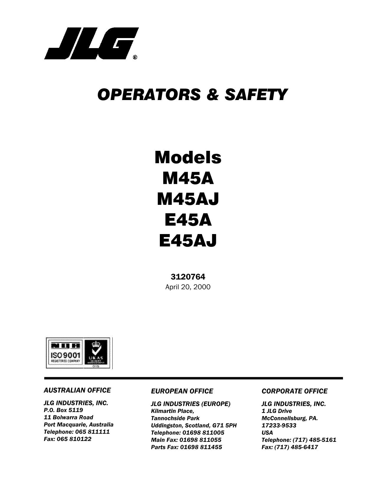 Manual del operador de mantenimiento de plataformas elevadoras JLG E45A E45AJ M45A M45AJ 3120764