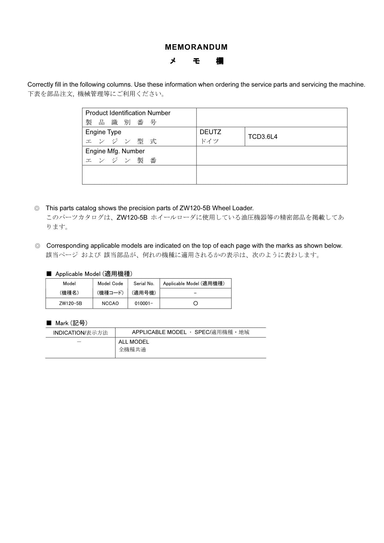 Hitachi ZW120-5B Equip Component Wheel Loader Parts Catalog Manual SN 010001-up