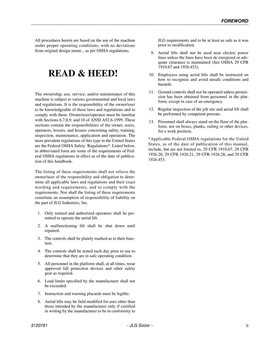 JLG 1532E3 1932E3 2033E3 2046E3 2646E3 2658E3 Lift Operators Manual 3120761