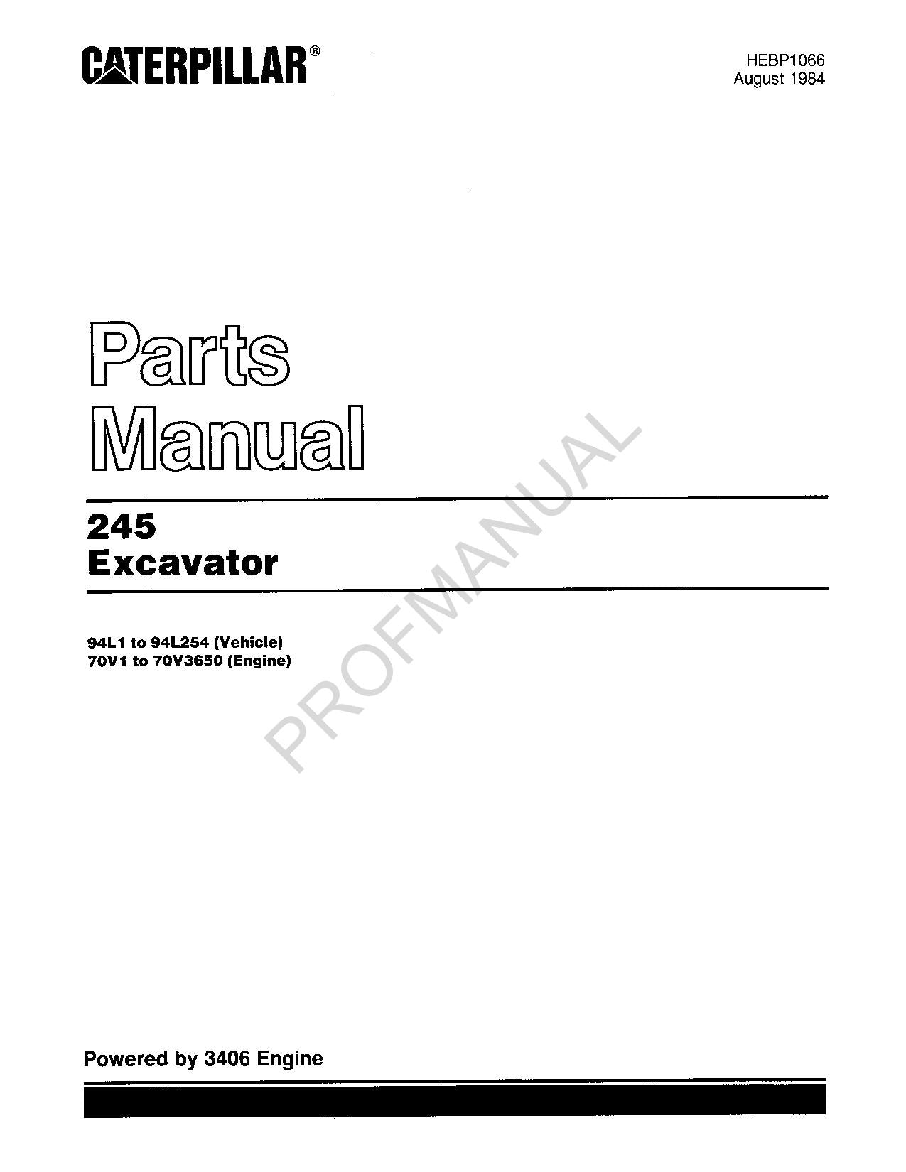 Caterpillar Cat 245 Excavator Parts Catalog Manual ser 94L1-94L254 70V1-70V3650