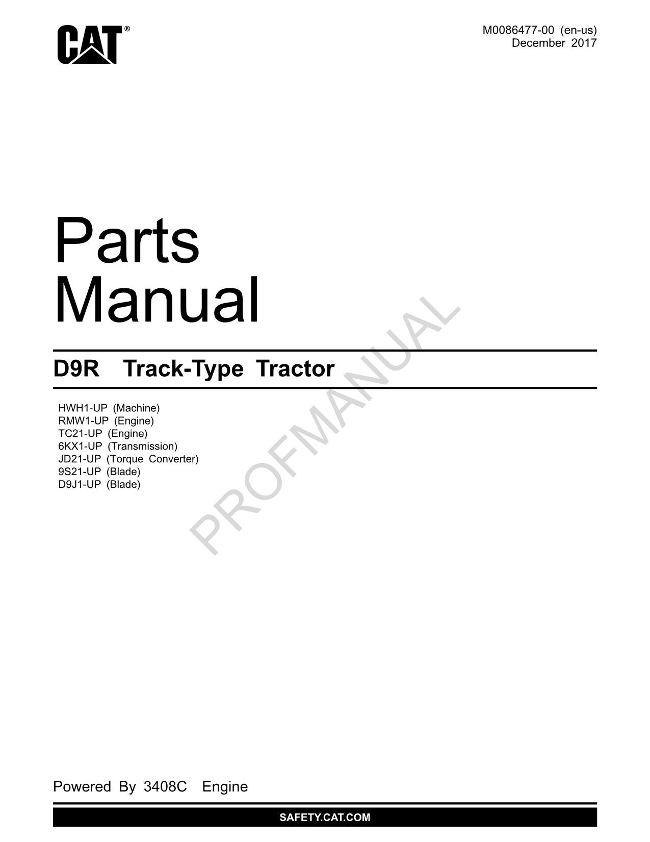 Caterpillar Cat D9R Track Type Tractor Parts Catalog Manual ser HWH1-Up
