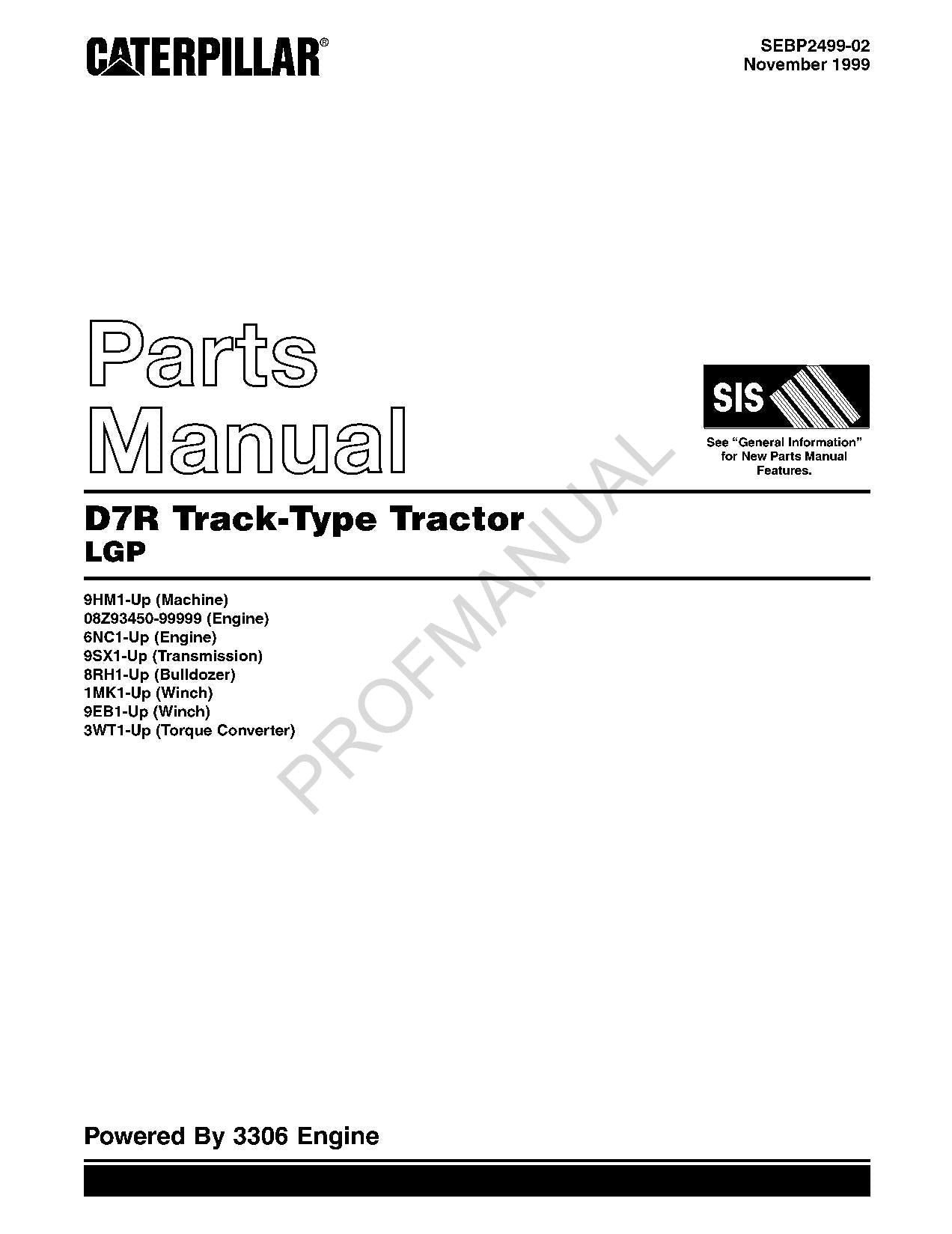 Caterpillar Cat D7R Track Type Tractor LGP Parts Catalog Manual SEBP2499