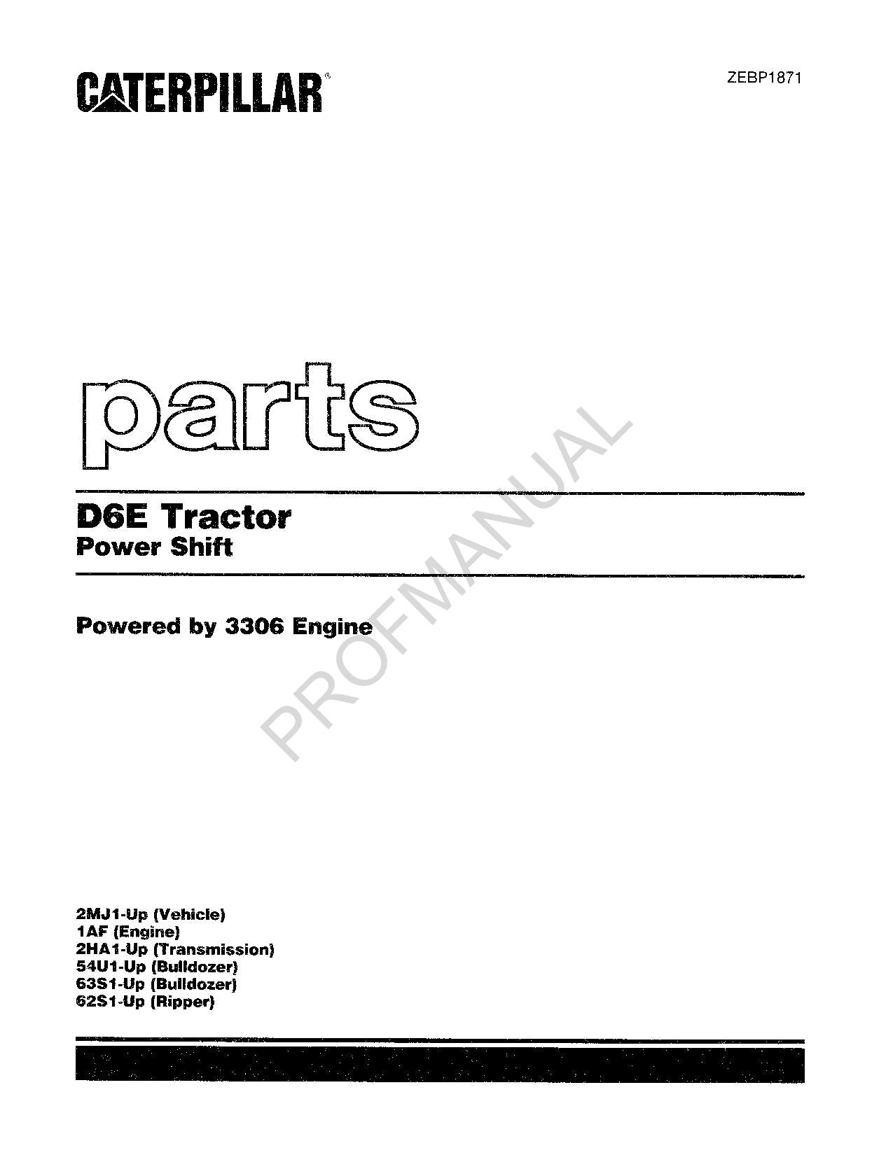 Caterpillar Cat D6E Tracktor Power Shift Parts Catalog Manual ZEBP1871