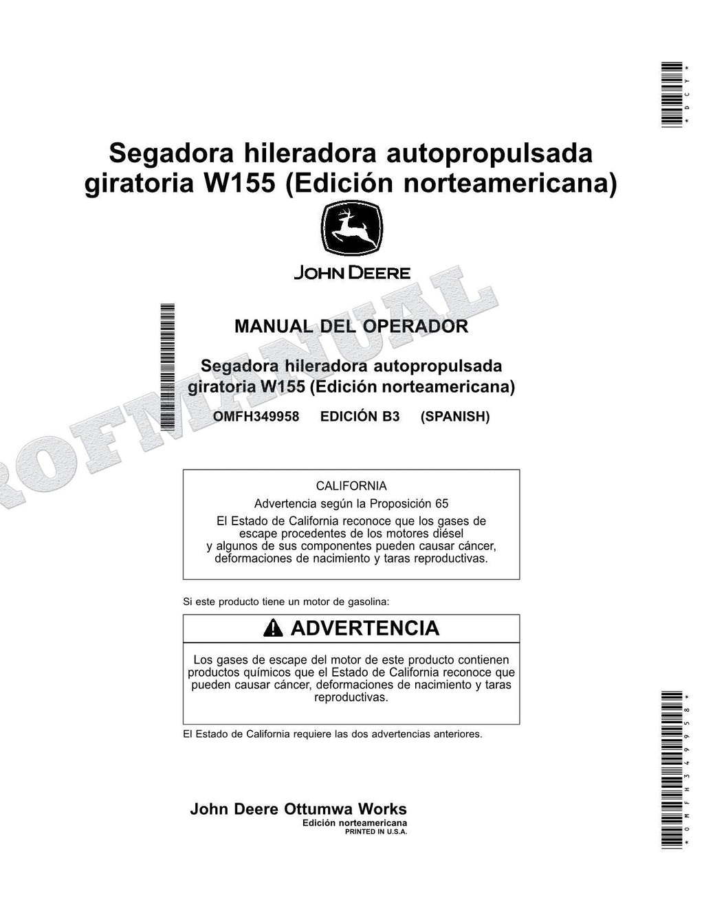 John Deere W155 hileradora Manual del Operador Español