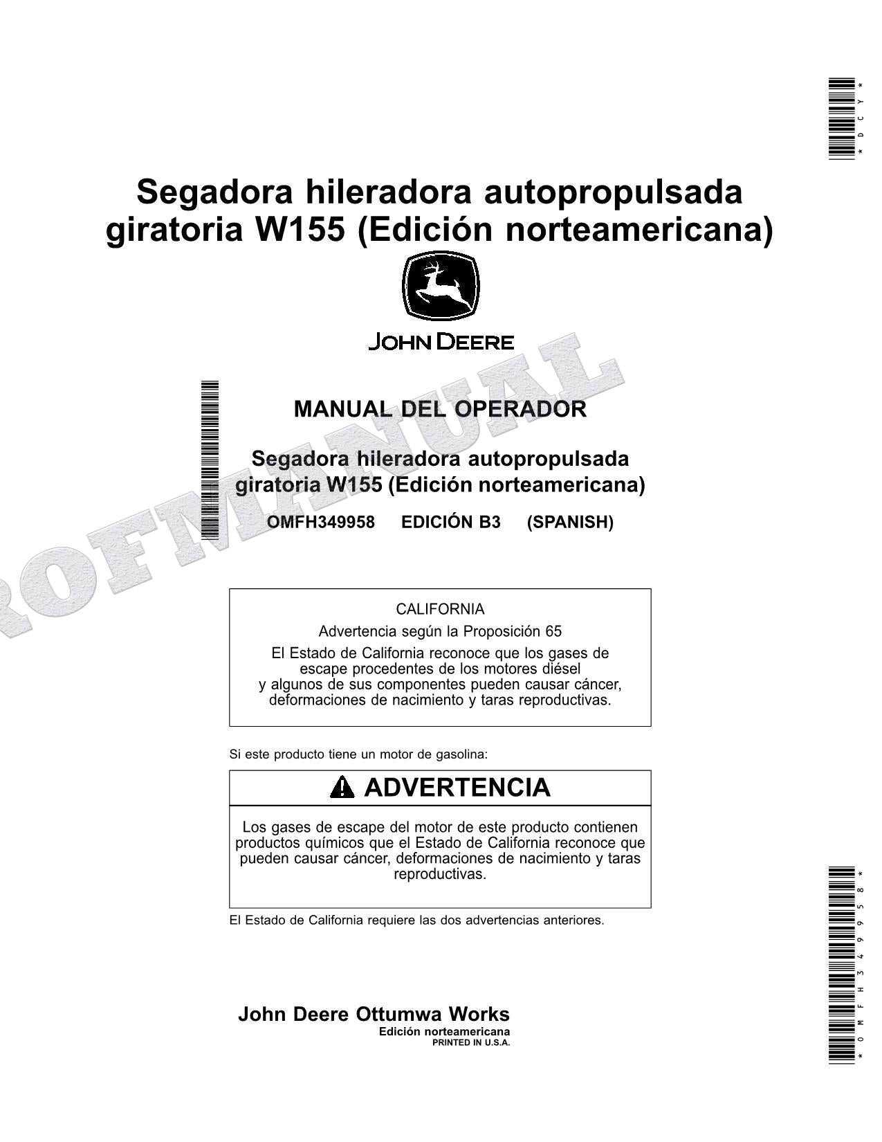 John Deere W155 hileradora Manual del Operador Español
