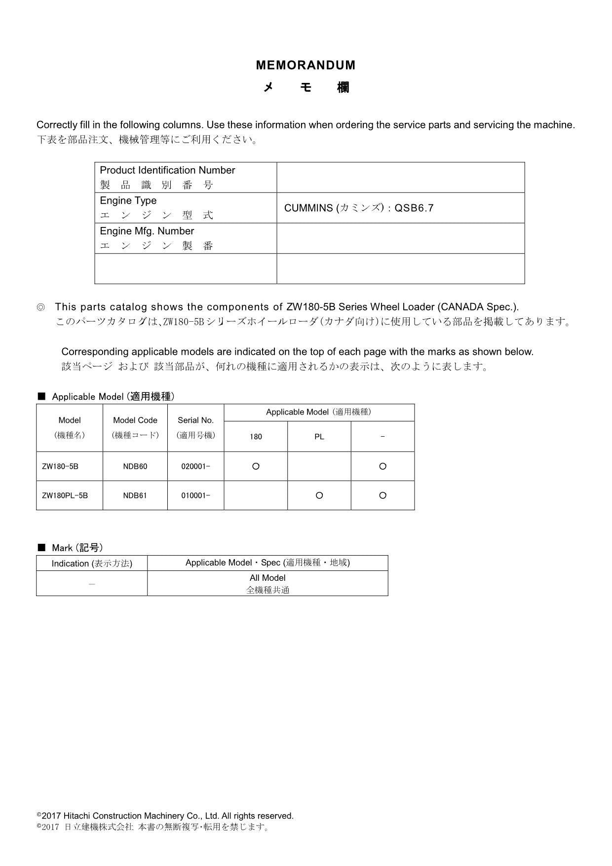 Hitachi ZW180-5B ZW180PL-5B CANADA Spec Wheel Loader Parts Catalog Manual