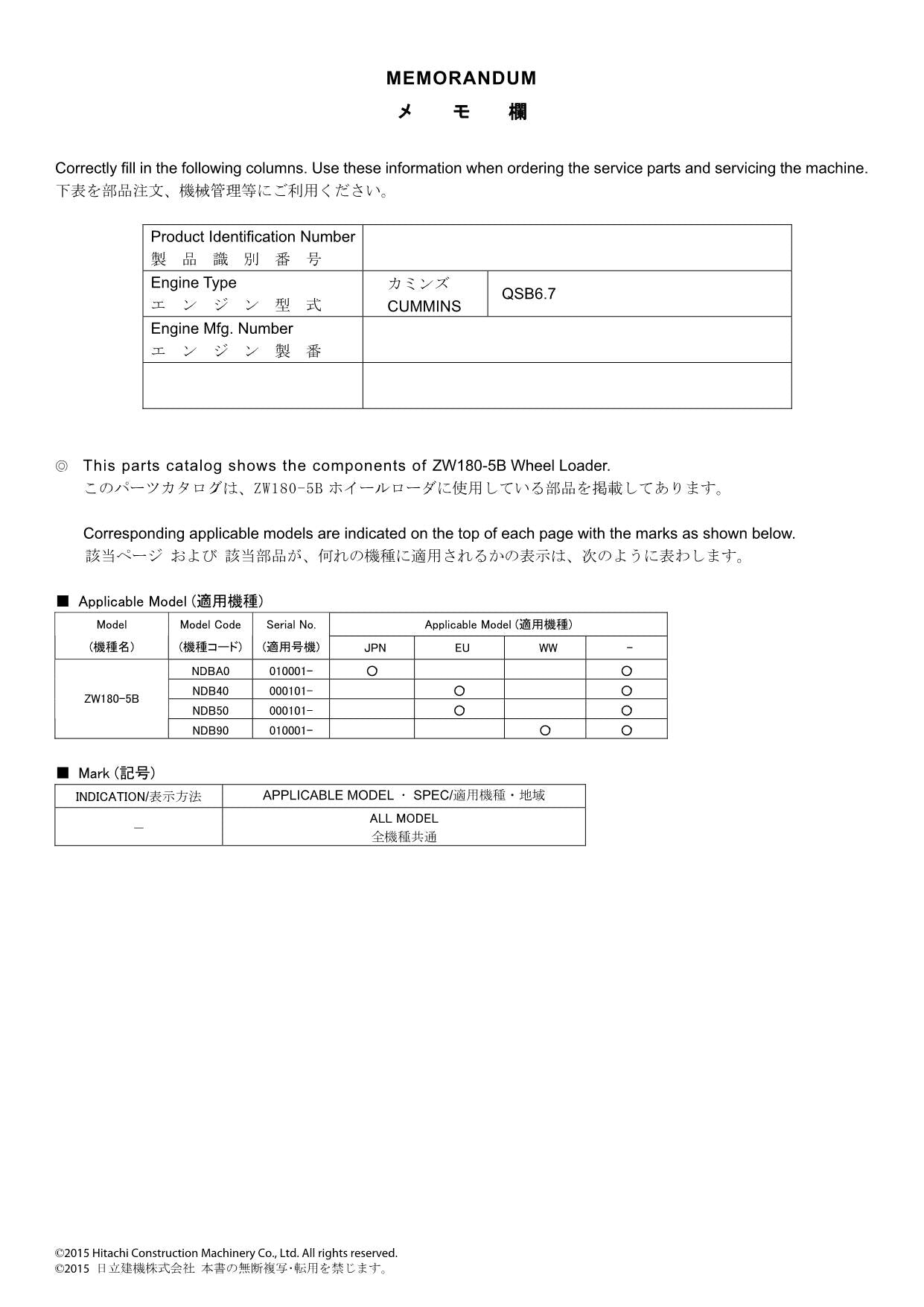 Hitachi ZW180-5B Equipment Component Wheel Loader Parts Catalog Manual
