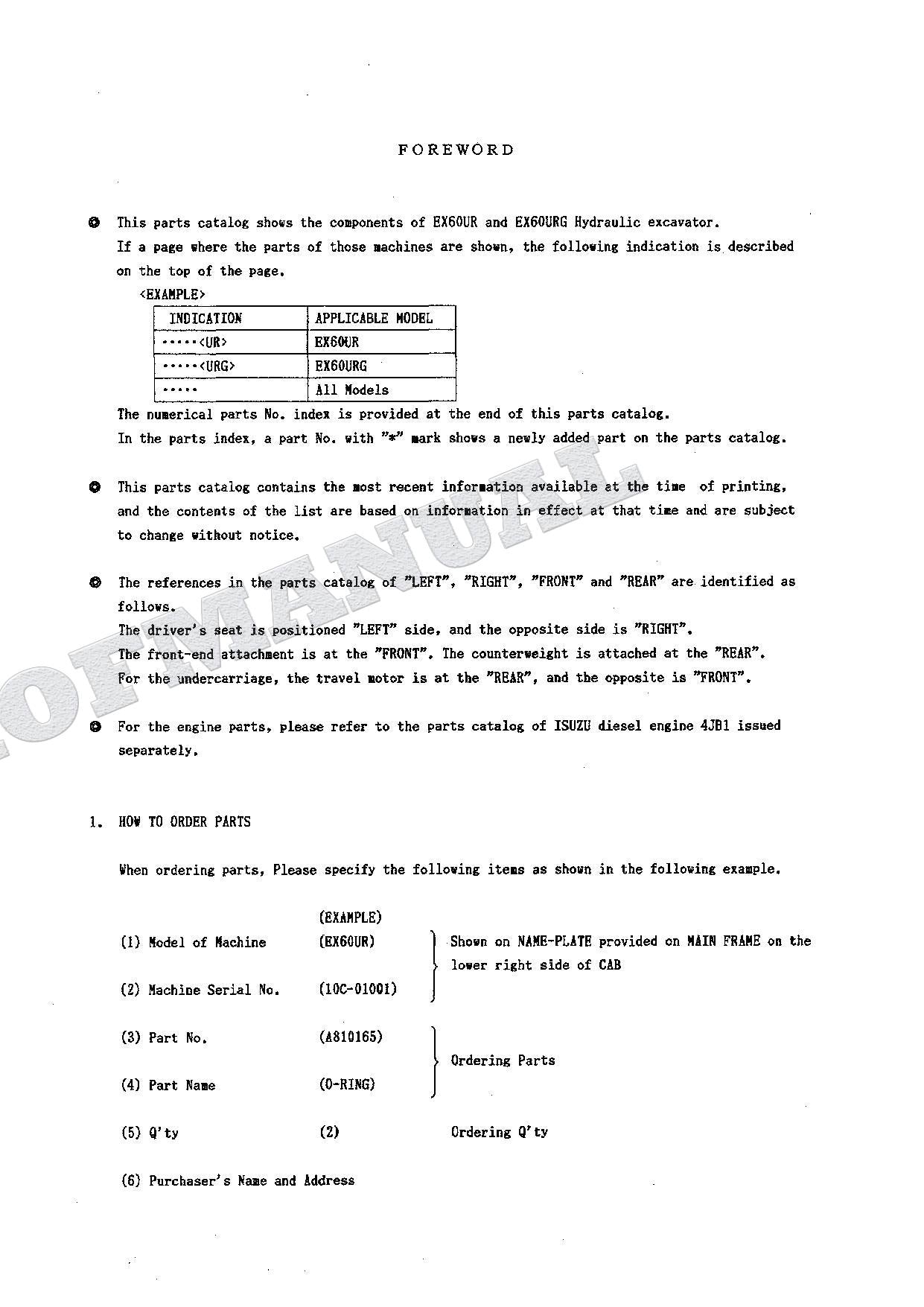 HITACHI EX60UR EX60URG Excavator Parts Catalog Manual